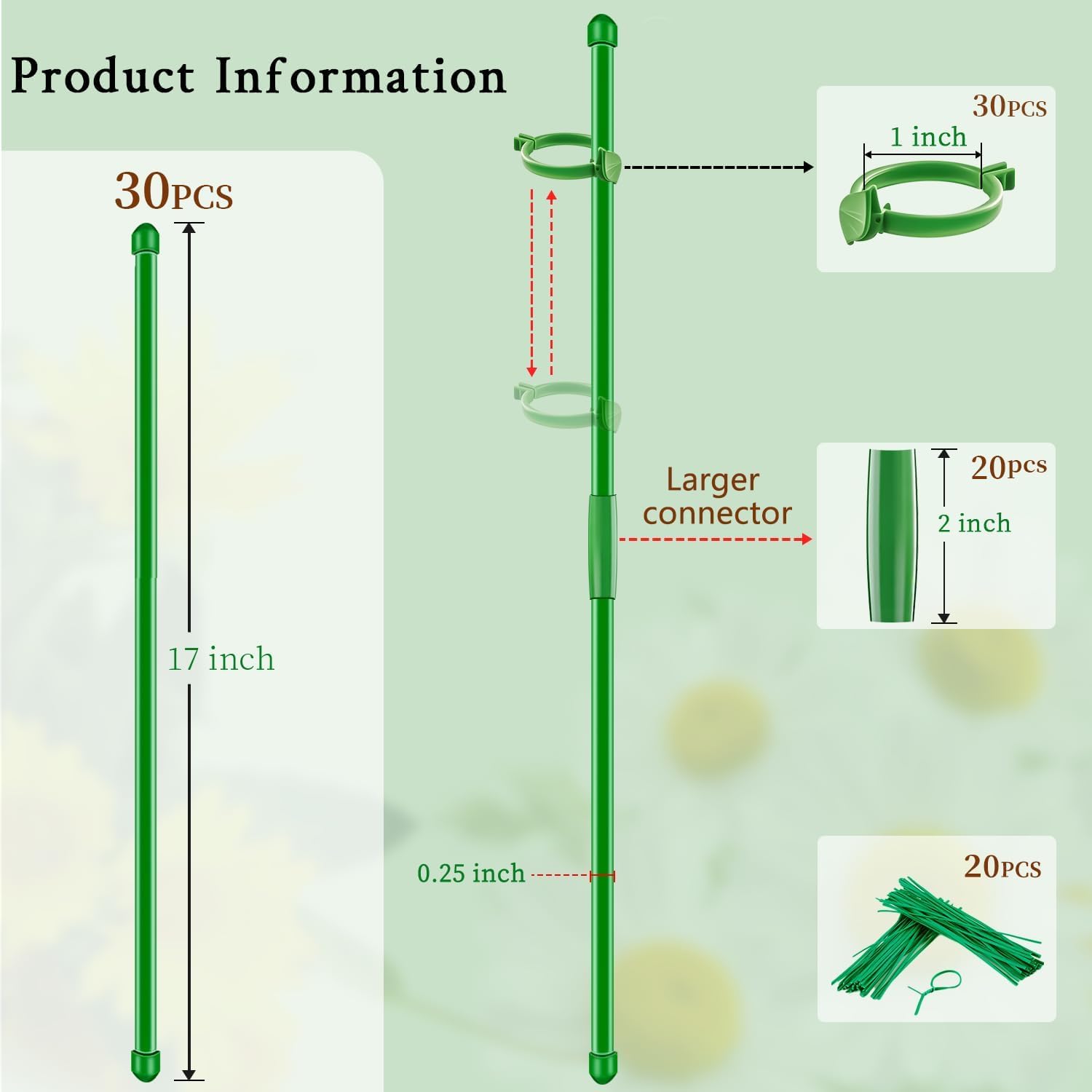 20Pcs Plant Support Stakes 17 inch Garden Orchid Sticks Extended to 3ft 4ft 5ft Plant Poles with Clips for Indoor Outdoor Potted Tomato Rose Amaryllis Vegetables Comes with 20 Ties