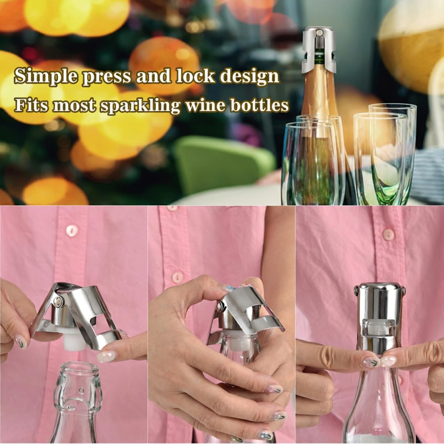 Pack of 6 Stainless Steel Champagne Stoppers, Prosecco, Sparkling Wine Bottle Stopper, Cork