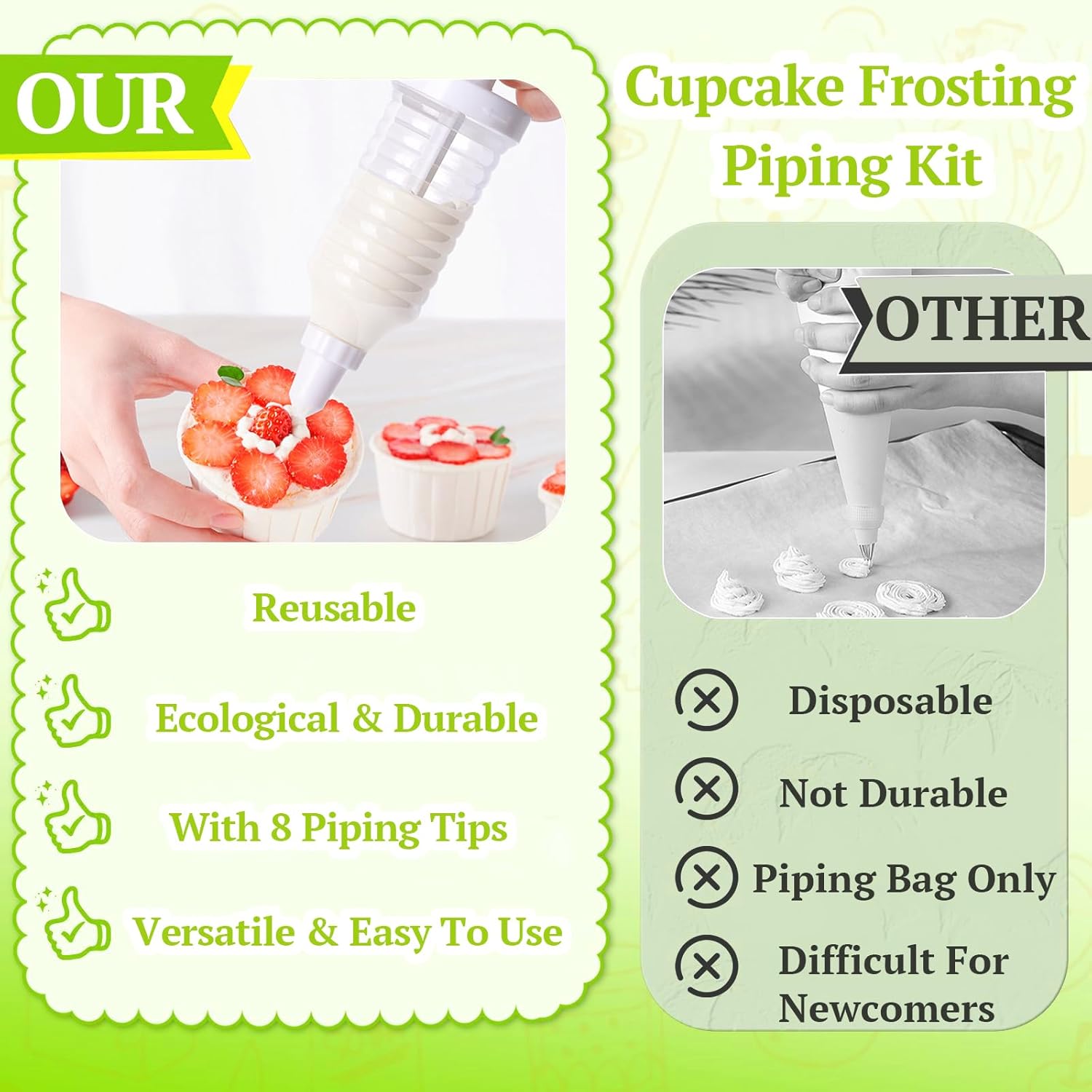 Cake Decorating Gun, Cupcake Icing Piping Kit, Cake Decorating Kit with 8 Piping Tips, Cupcake Injector/Decorating Icing Set, White