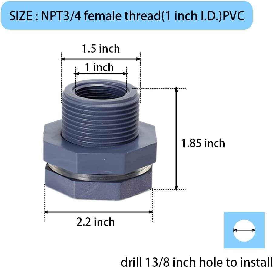 2 Pieces 3/4 Inch PVC Bulkhead Fitting for Water Barrel, Water Tank, Rain Barrels,NPT3/4 female thread 1 inch I.D. PVC