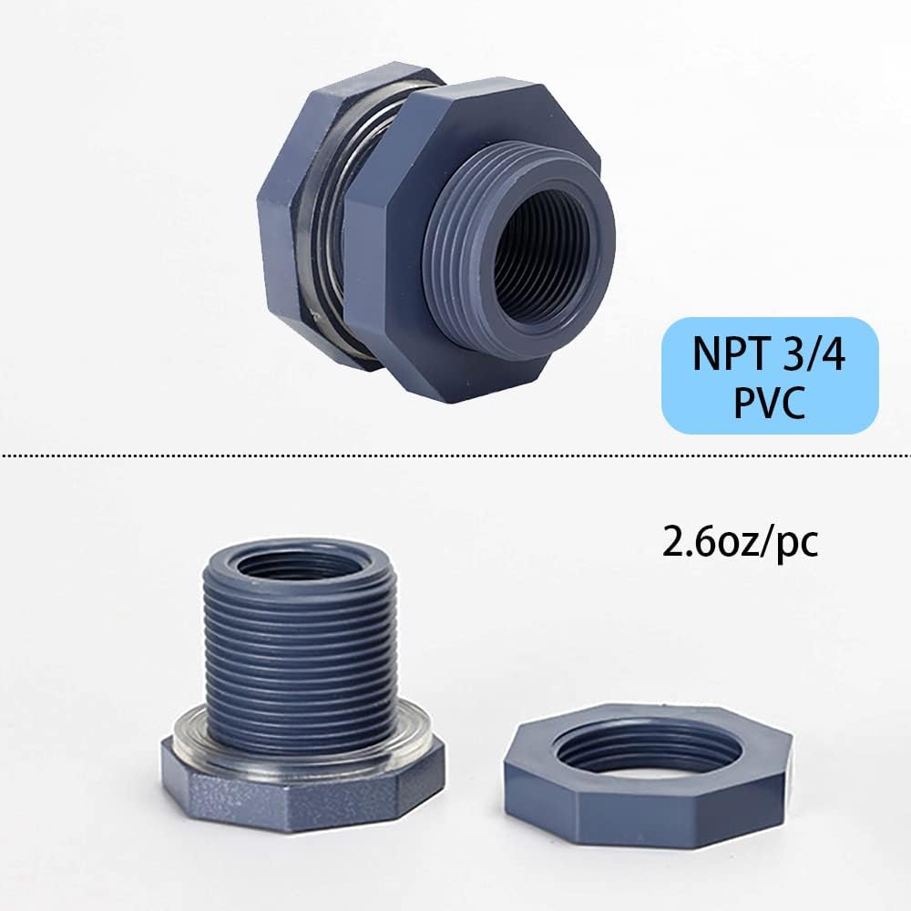 2 Pieces 3/4 Inch PVC Bulkhead Fitting for Water Barrel, Water Tank, Rain Barrels,NPT3/4 female thread 1 inch I.D. PVC