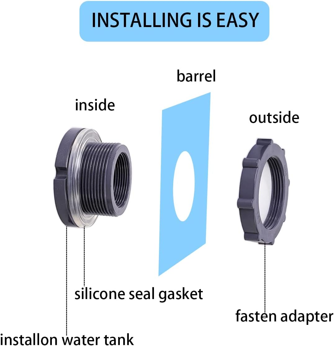 2 Pieces 3/4 Inch PVC Bulkhead Fitting for Water Barrel, Water Tank, Rain Barrels,NPT3/4 female thread 1 inch I.D. PVC