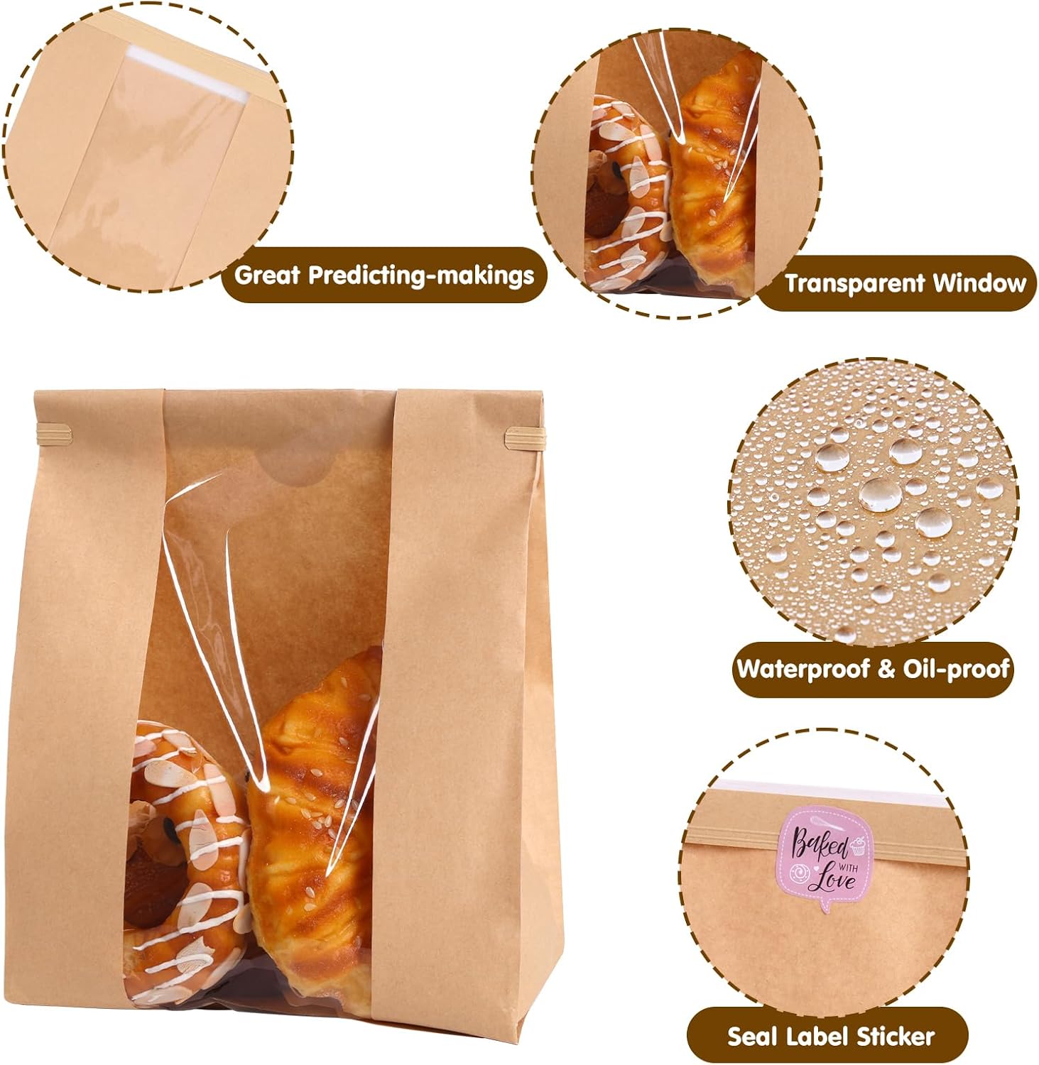 120 Pack Large Paper Bread Bags for Homemade Bread, 13.7x8.3x3.5 Inches, Sourdough Bread Bags with Tin Tie Tab and Clear Front Window, Includes 144 Label Seal Stickers Brown