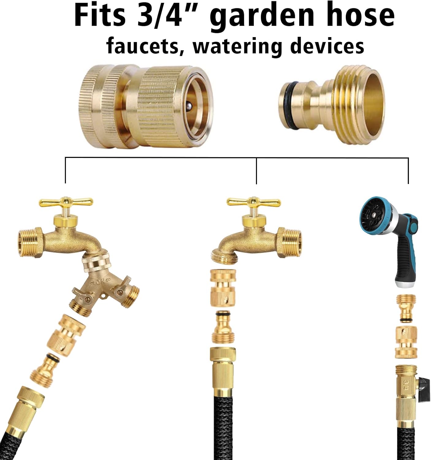 Brass Hose Quick Connect, 3/4 Inch GHT Thread Garden Hose Quick Connector No-Leak Water Hose Quick Connect Fittings Male and Female - 2Packs