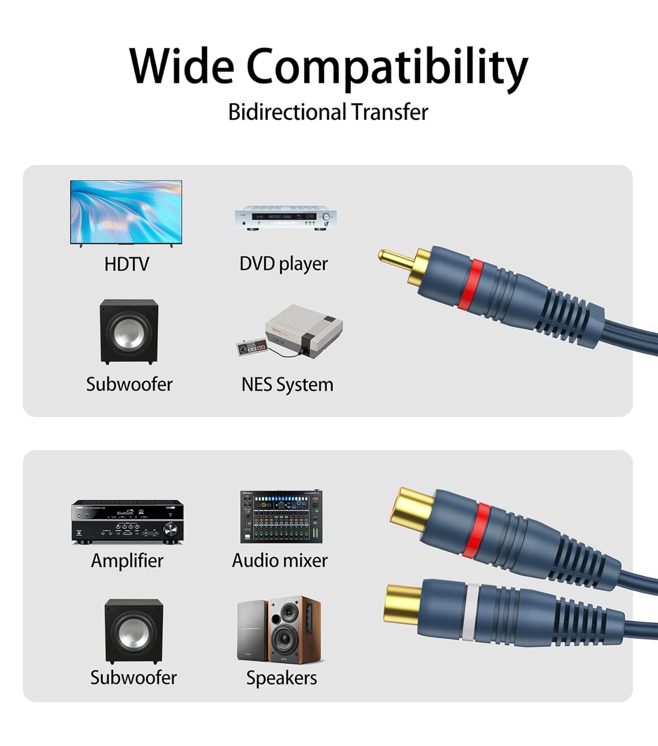 RCA Splitter 1 Male 2 Female 2 Pack, RCA Y Splitter Cable Audio Video Adapter Extension Cord 0.2m/8inch for Subwoofer Speakers
