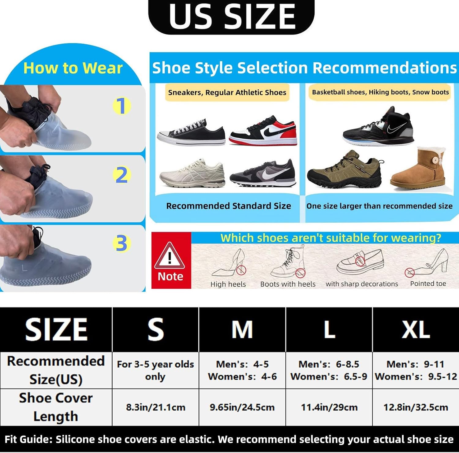 Waterproof Shoe Covers 2 Pairs,Rain Shoe Covers Reusable Silicone Non Slip Shoe Covers for Outdoor,Rain Shoe Covers for Women and Men Clear, Large