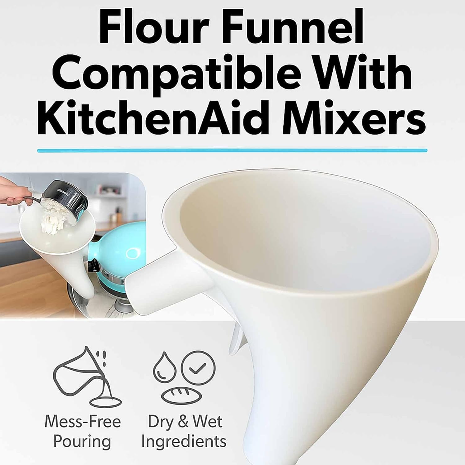 Funnel for Kitchen Aid Mixer, Kitchen Aid Accessories and Attachments, Pouring Chute for Kitchid Mixer, Fits Tilt-Head 4.5–5 Qt KSM150 , Durable Dishwasher-Safe Baking Tool