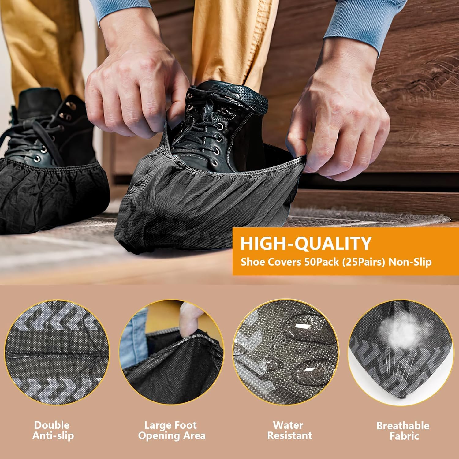 Shoe Covers Disposable 50 Pack 25 Pairs - Durable, Non-Slip, Water Resistant, and Recyclable Boot Covers for Indoor and Outdoor Use - One Size Fits Most Non-woven-Black