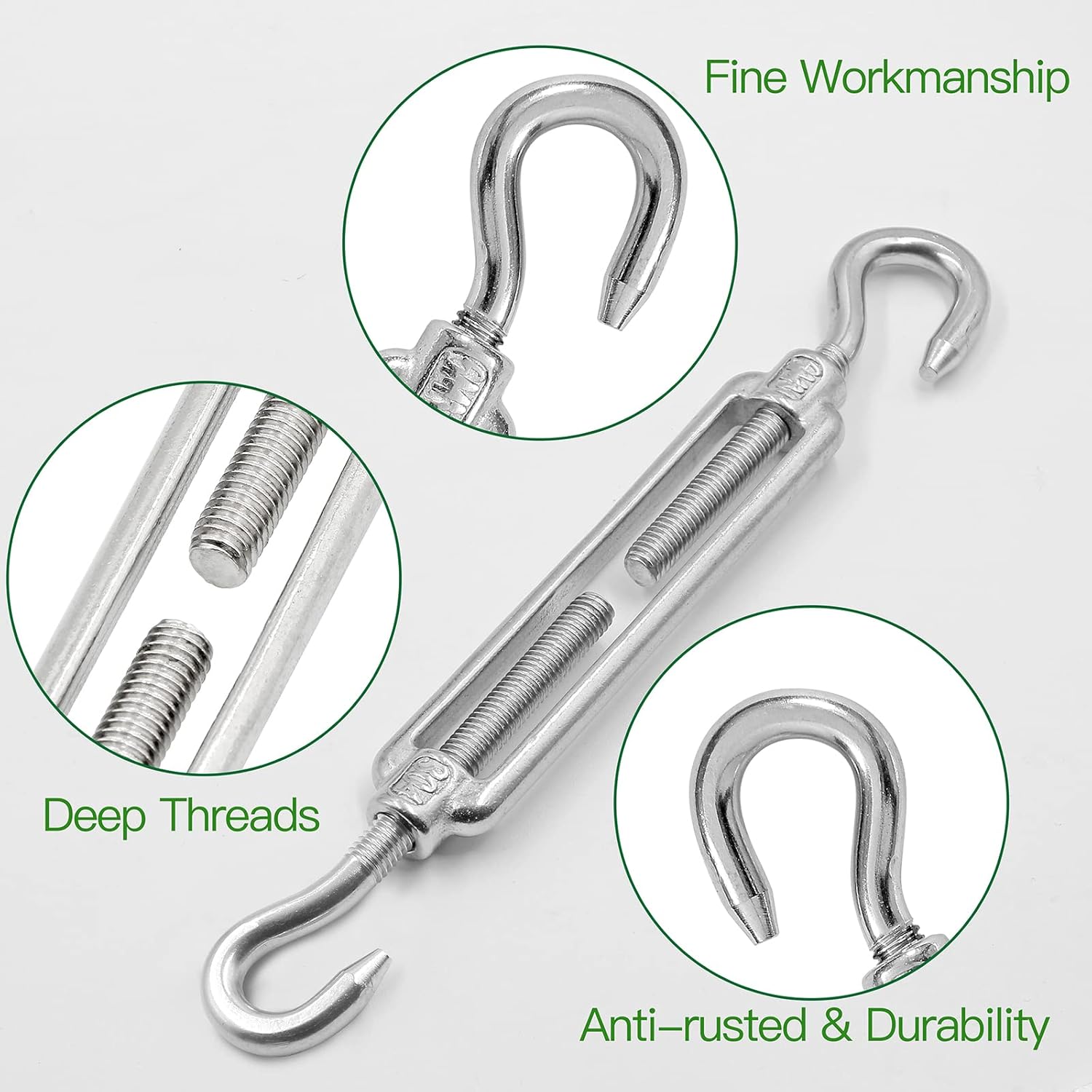 6PCS M6 Hook & Hook Turnbuckle 304 Stainless Steel Turnbuckle Wire Rope Tension Heavy Duty Turnbuckles for Cable Railing Wire Rope Hardware Kit M6, Hook & Hook