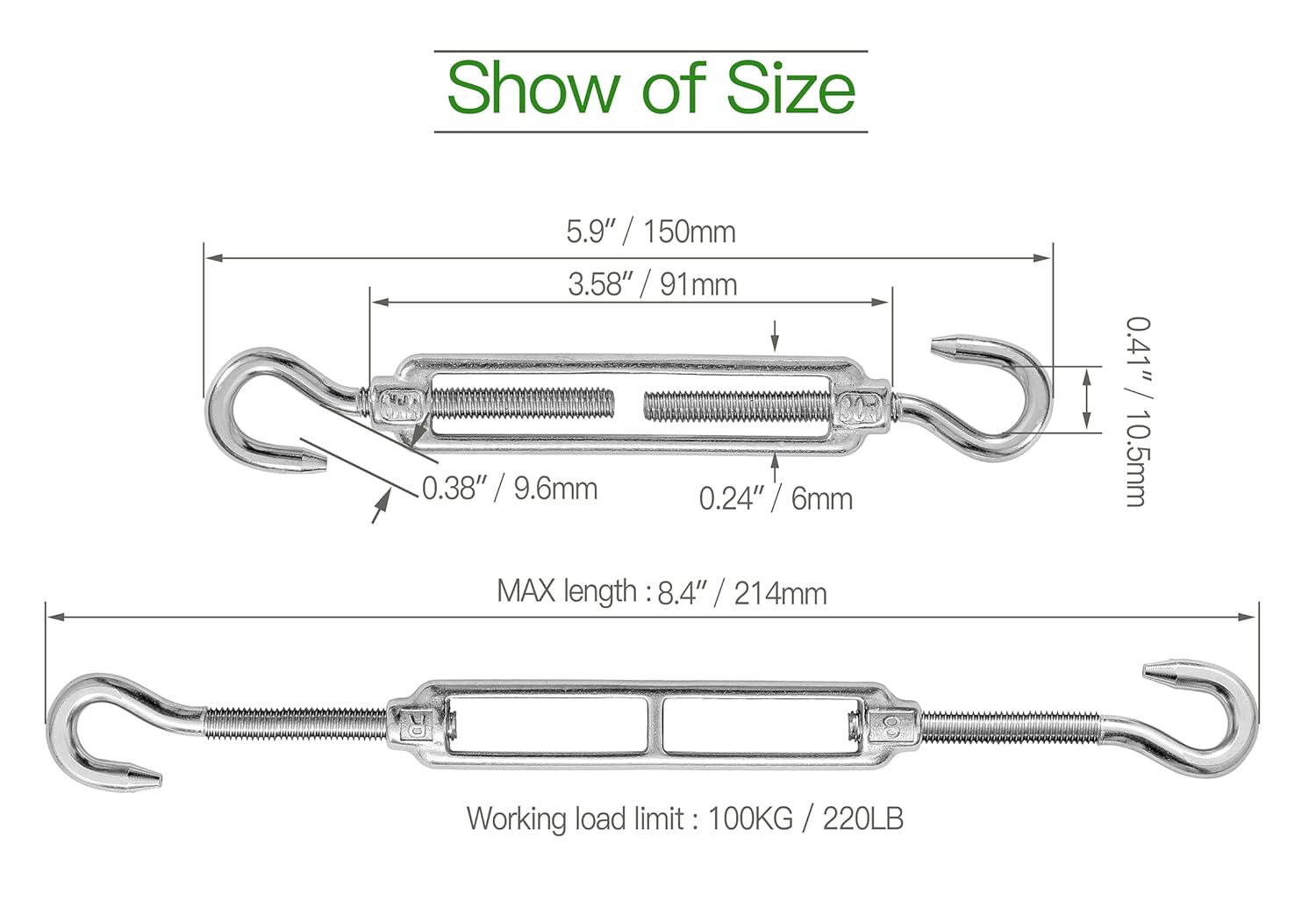 6PCS M6 Hook & Hook Turnbuckle 304 Stainless Steel Turnbuckle Wire Rope Tension Heavy Duty Turnbuckles for Cable Railing Wire Rope Hardware Kit M6, Hook & Hook