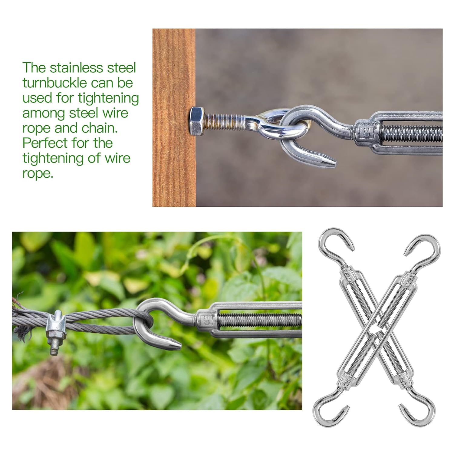 6PCS M6 Hook & Hook Turnbuckle 304 Stainless Steel Turnbuckle Wire Rope Tension Heavy Duty Turnbuckles for Cable Railing Wire Rope Hardware Kit M6, Hook & Hook