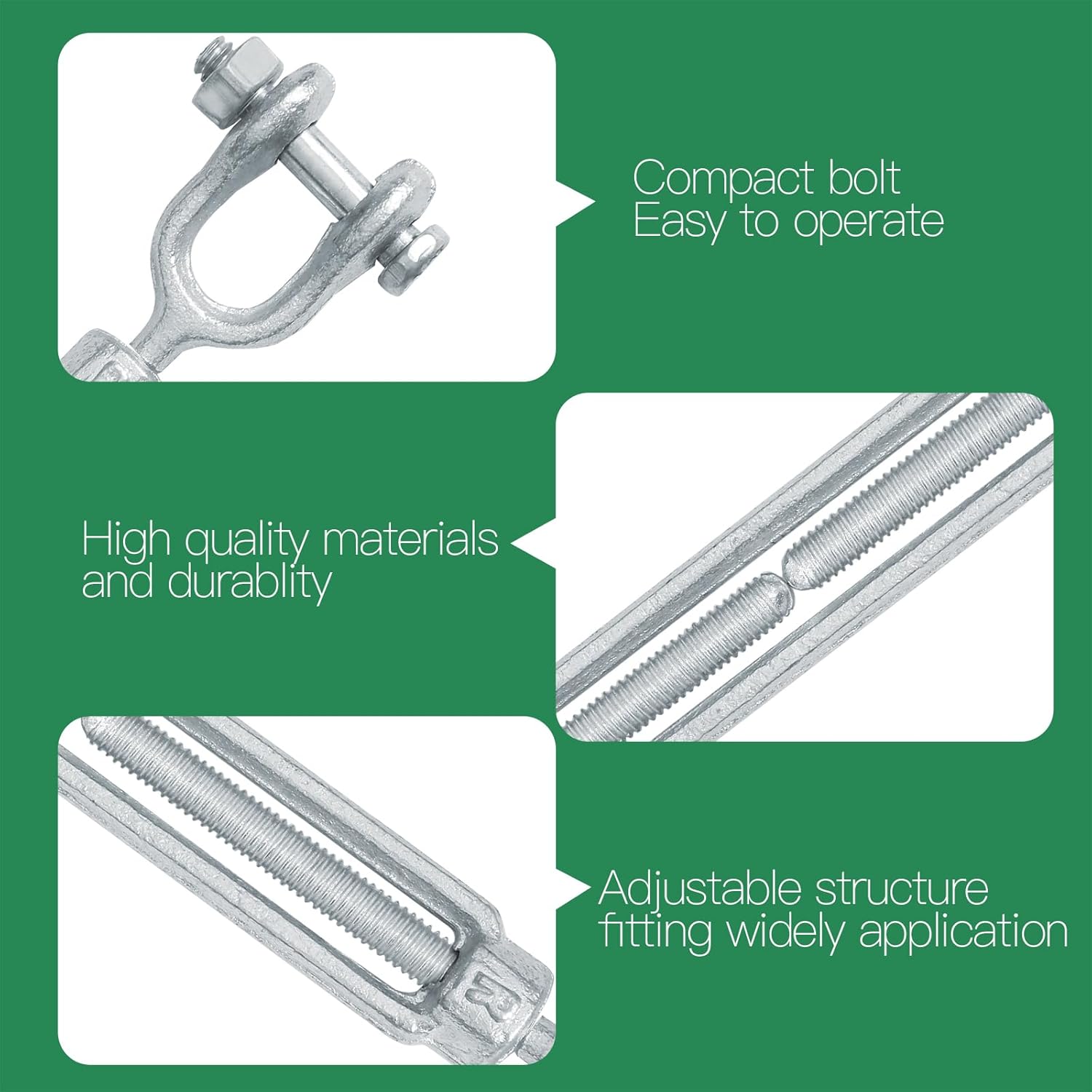 1/4" Jaw Jaw Turnbuckle Galvanized Jaw and Jaw Turnbuckle, Jaw Jaw Closed Body Marine Turnbuckle Jaw, 2000lbs Working Load Limit, Durable for Wire Rope Cable 1/4" x 4"