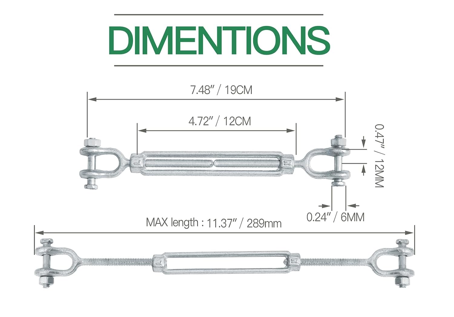 1/4" Jaw Jaw Turnbuckle Galvanized Jaw and Jaw Turnbuckle, Jaw Jaw Closed Body Marine Turnbuckle Jaw, 2000lbs Working Load Limit, Durable for Wire Rope Cable 1/4" x 4"