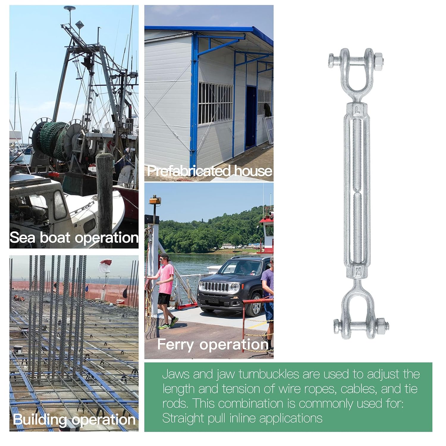 1/4" Jaw Jaw Turnbuckle Galvanized Jaw and Jaw Turnbuckle, Jaw Jaw Closed Body Marine Turnbuckle Jaw, 2000lbs Working Load Limit, Durable for Wire Rope Cable 1/4" x 4"