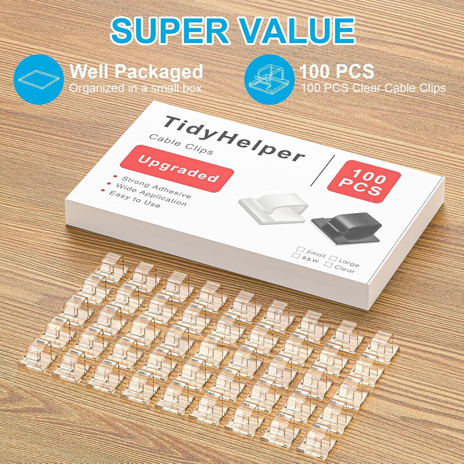 100 PCS Cable Clips, Upgraded Adhesive Cord Clips for Wires on Wall, Strong Wire Holders Cord Organizer for Cable Management, Christmas Lights, USB, Phone Charger, Cat 6, Car Dash Cam Small, Clear