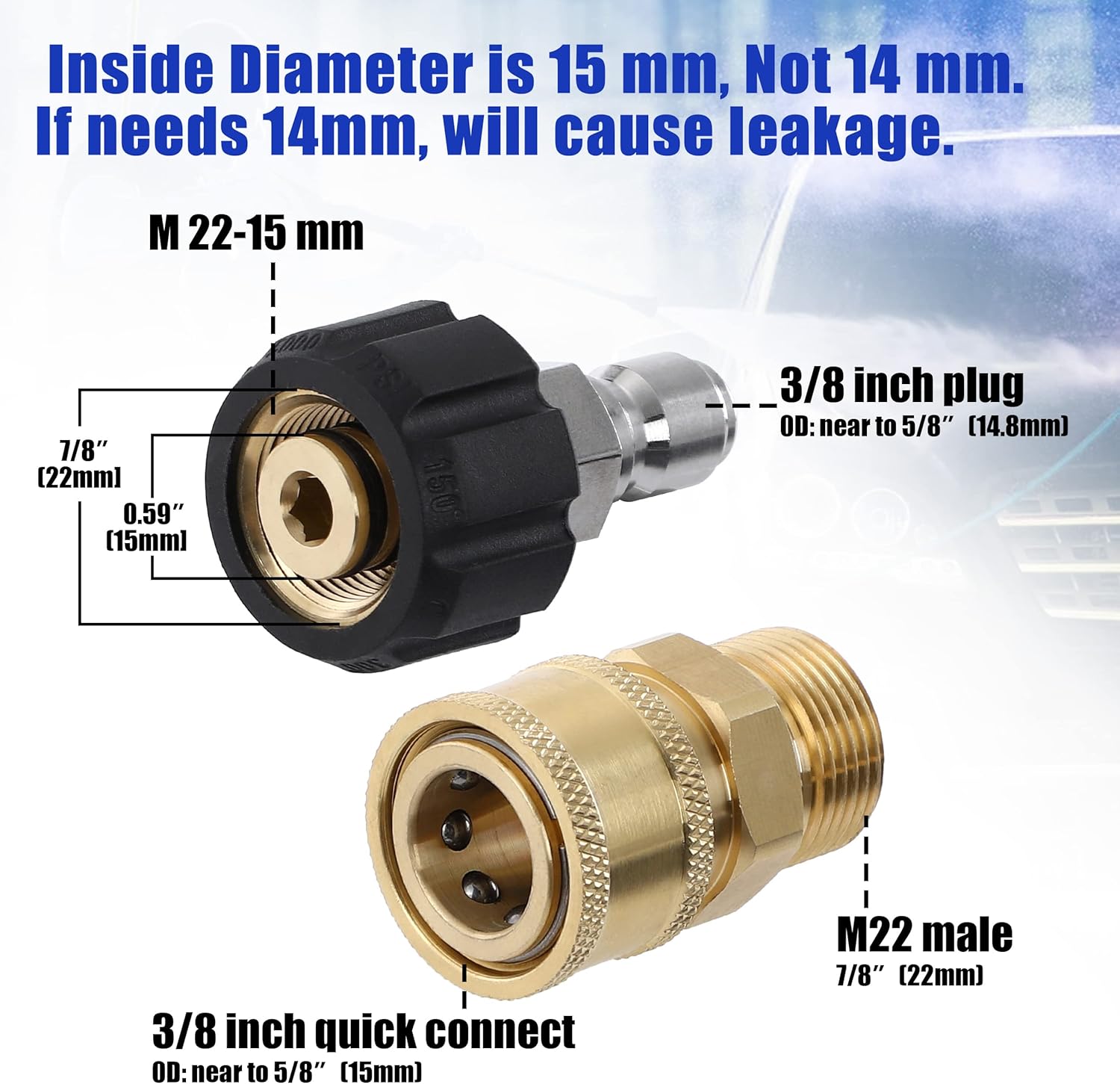 Pressure Washer Adapter Set, Quick Connect Kit, Metric M22 15mm Female to M22 Male Fitting, 5000 PSI, 4 Pcs