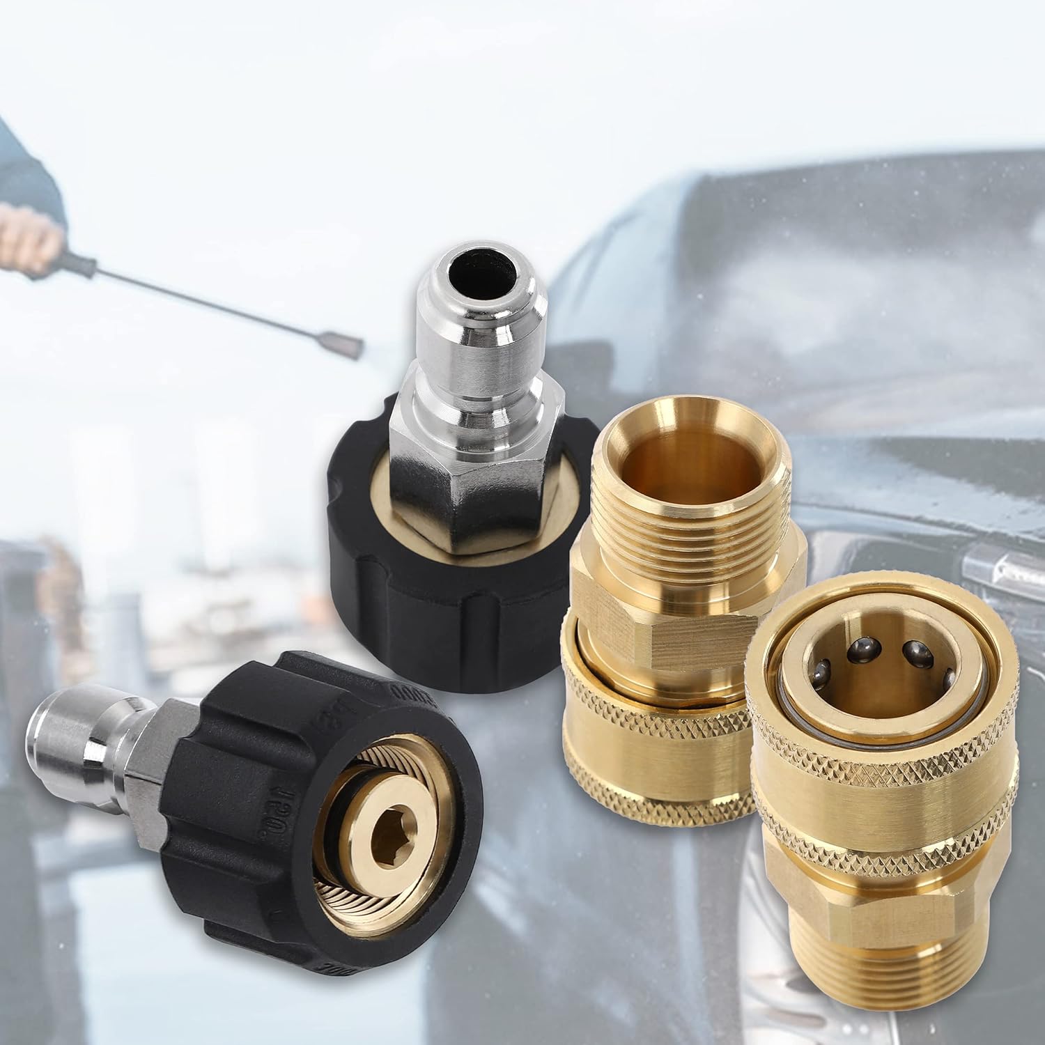 Pressure Washer Adapter Set, Quick Connect Kit, Metric M22 15mm Female to M22 Male Fitting, 5000 PSI, 4 Pcs