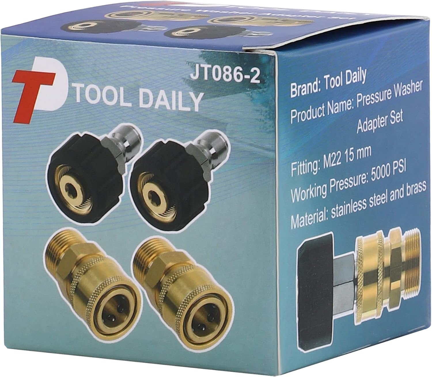Pressure Washer Adapter Set, Quick Connect Kit, Metric M22 15mm Female to M22 Male Fitting, 5000 PSI, 4 Pcs