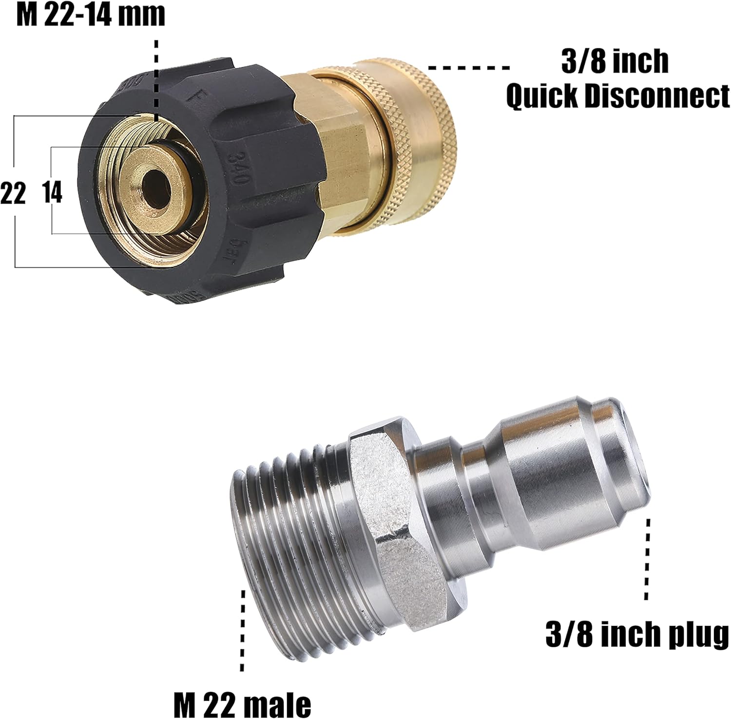 Pressure Washer Adapter, 3/8 Inch Quick Connect Kit, M22 14mm to M22 Metric Fitting, 5000 PSI