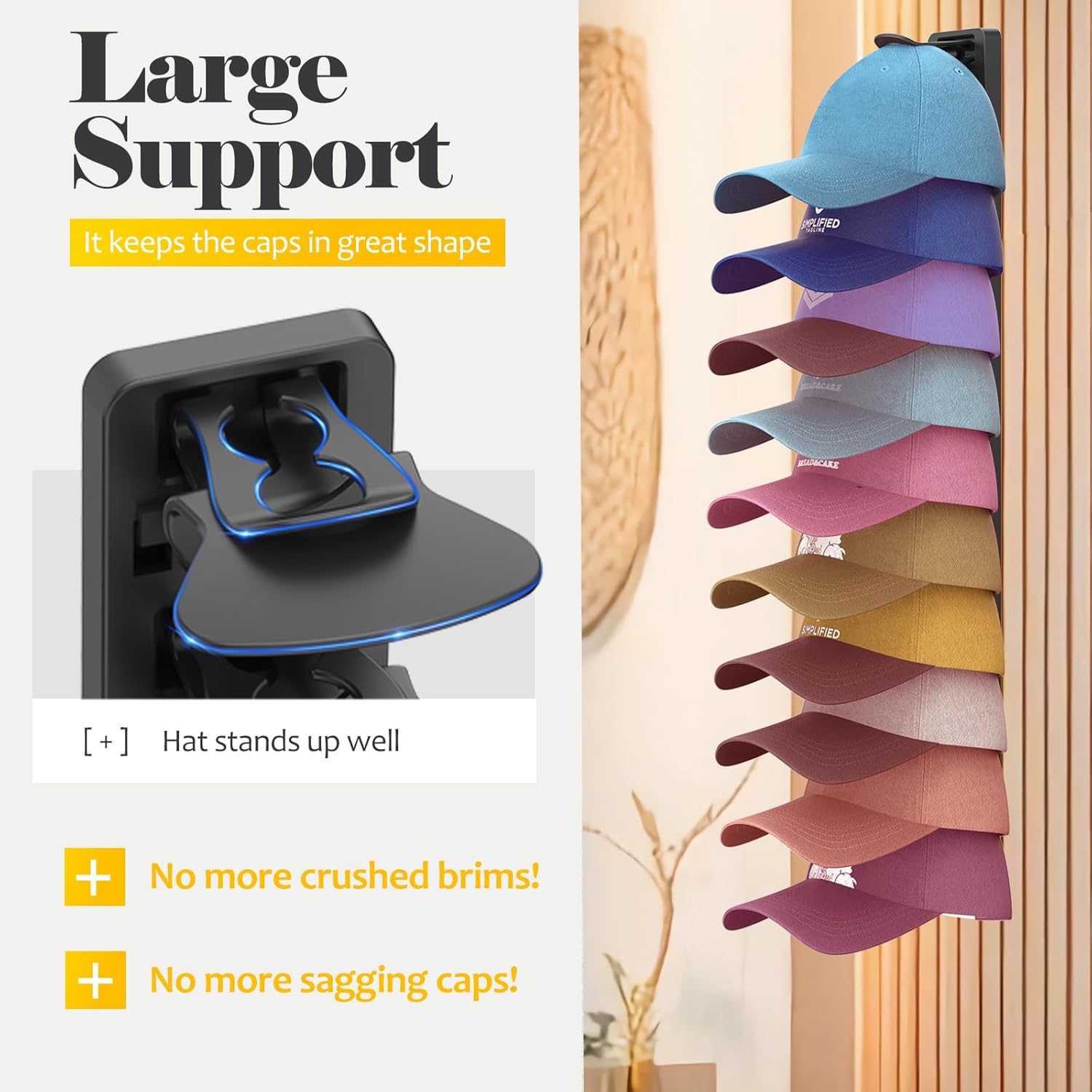 Hat Organizer for Baseball Caps 1 Pack, Adhesive Hat Rack for Wall, Baseball Cap Organizer Black