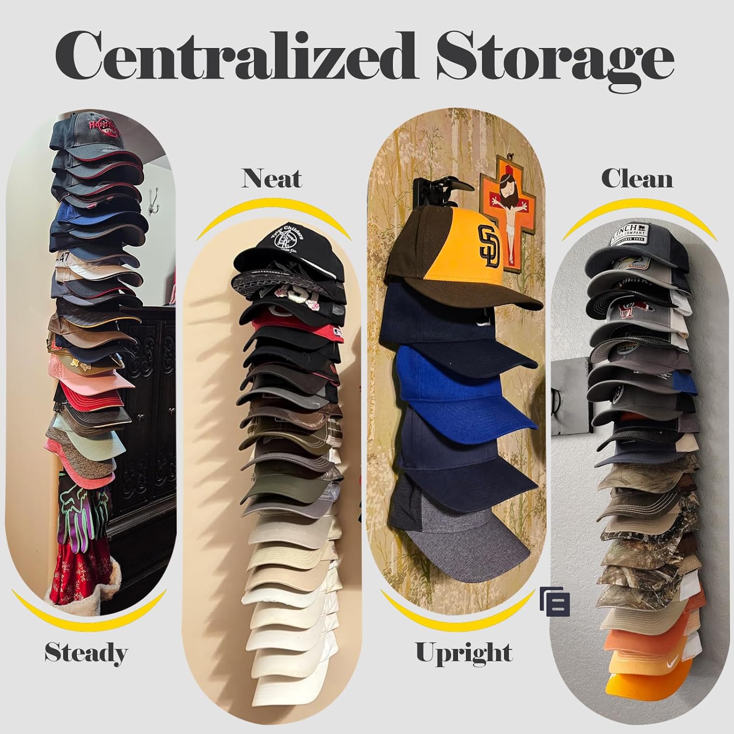 Hat Organizer for Baseball Caps 1 Pack, Adhesive Hat Rack for Wall, Baseball Cap Organizer Black