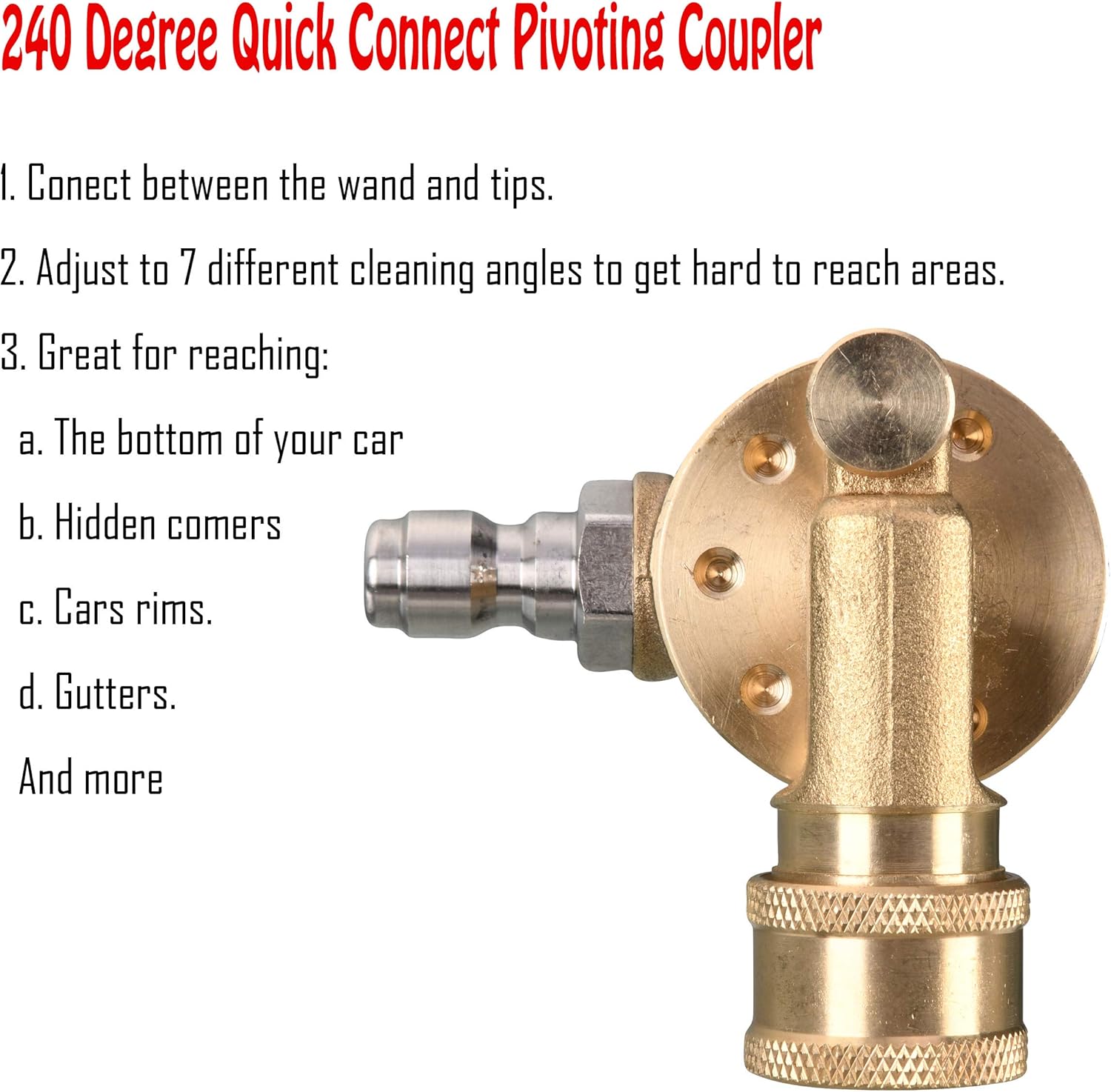 Pivoting Coupler for Pressure Washer Tips, Gutter Cleaner Attachment, 1/4 Inch Quick Disconnect, 240 Degree, 4500 PSI