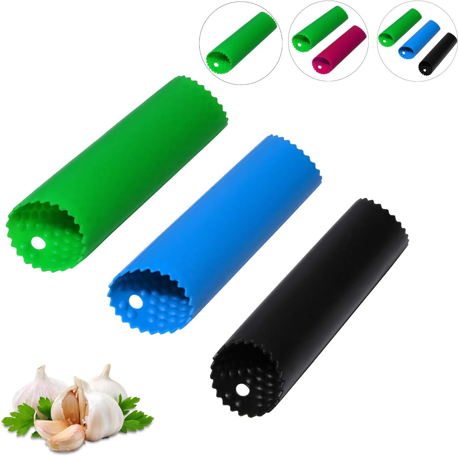 Garlic Peeler Skin Remover Roller Keeper,Easy Quick to Peeled Garlic Cloves with Silicone Tube Roller Garlic Peeling Kitchen Tool 3 Colors