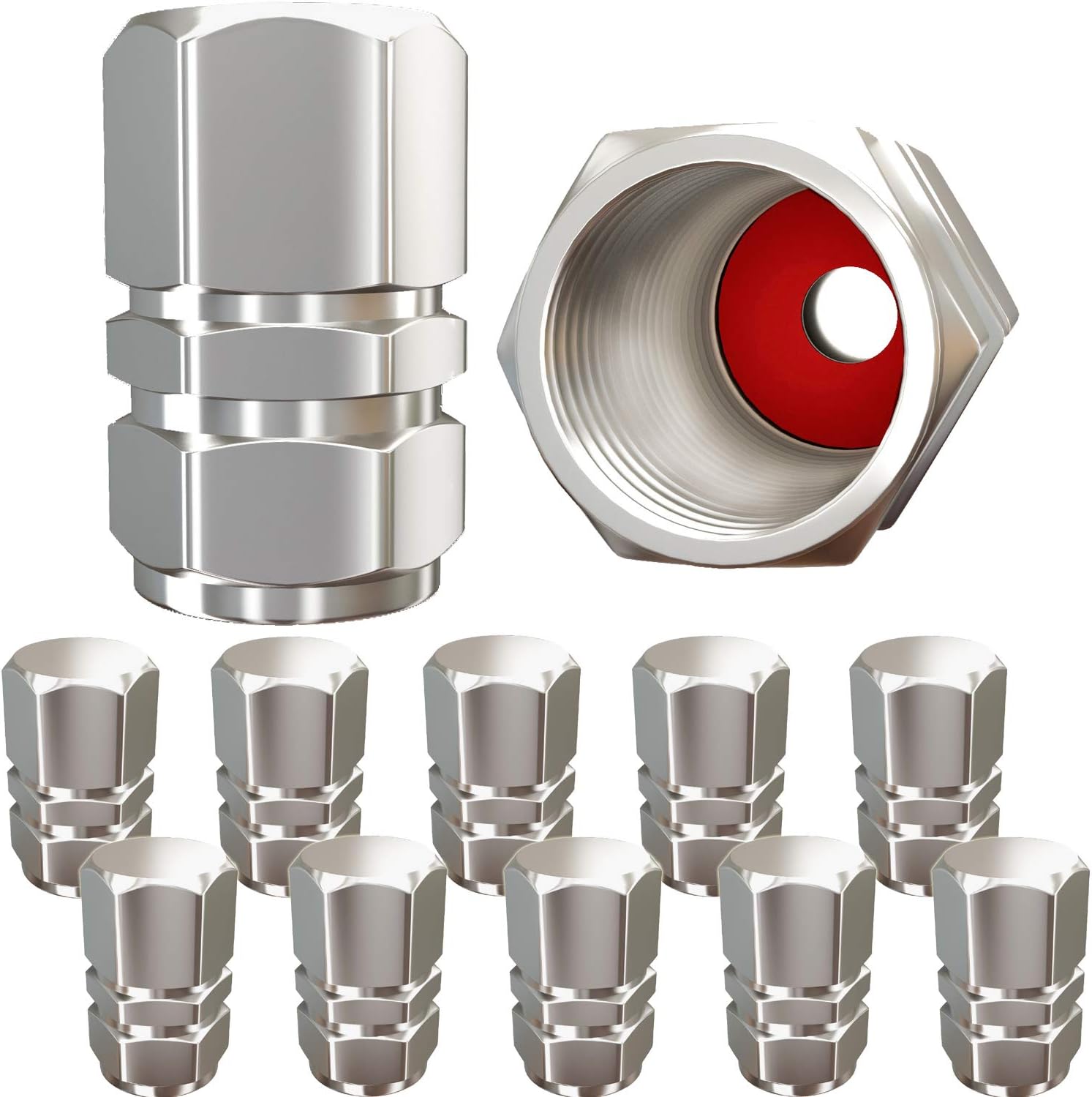 Tire Valve Caps 12 Pack Heavy-Duty Stem Covers | Dust Proof, with O Rubber Seal | Hexagon Design | Outdoor, All-Weather, Leak-Proof Air Protection | Light-Weight Universal Aluminum Alloy Silver