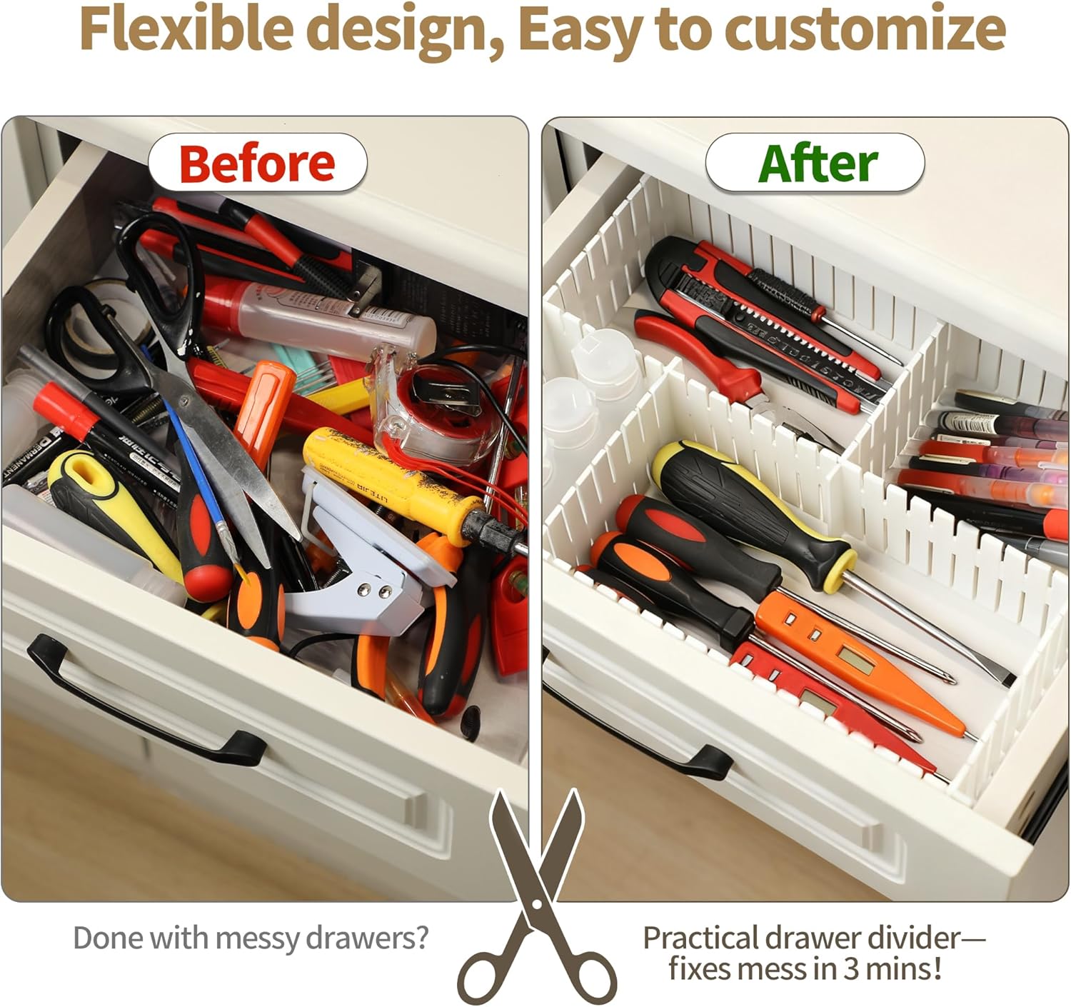 Drawer Divider Adjustable DIY Storage Organizer Separator for Tidying Clutter Cutlery Underwear Socks Clothes Dresses Desk & Box in Kitchen Bathroom Bedroom Office Cut at Will