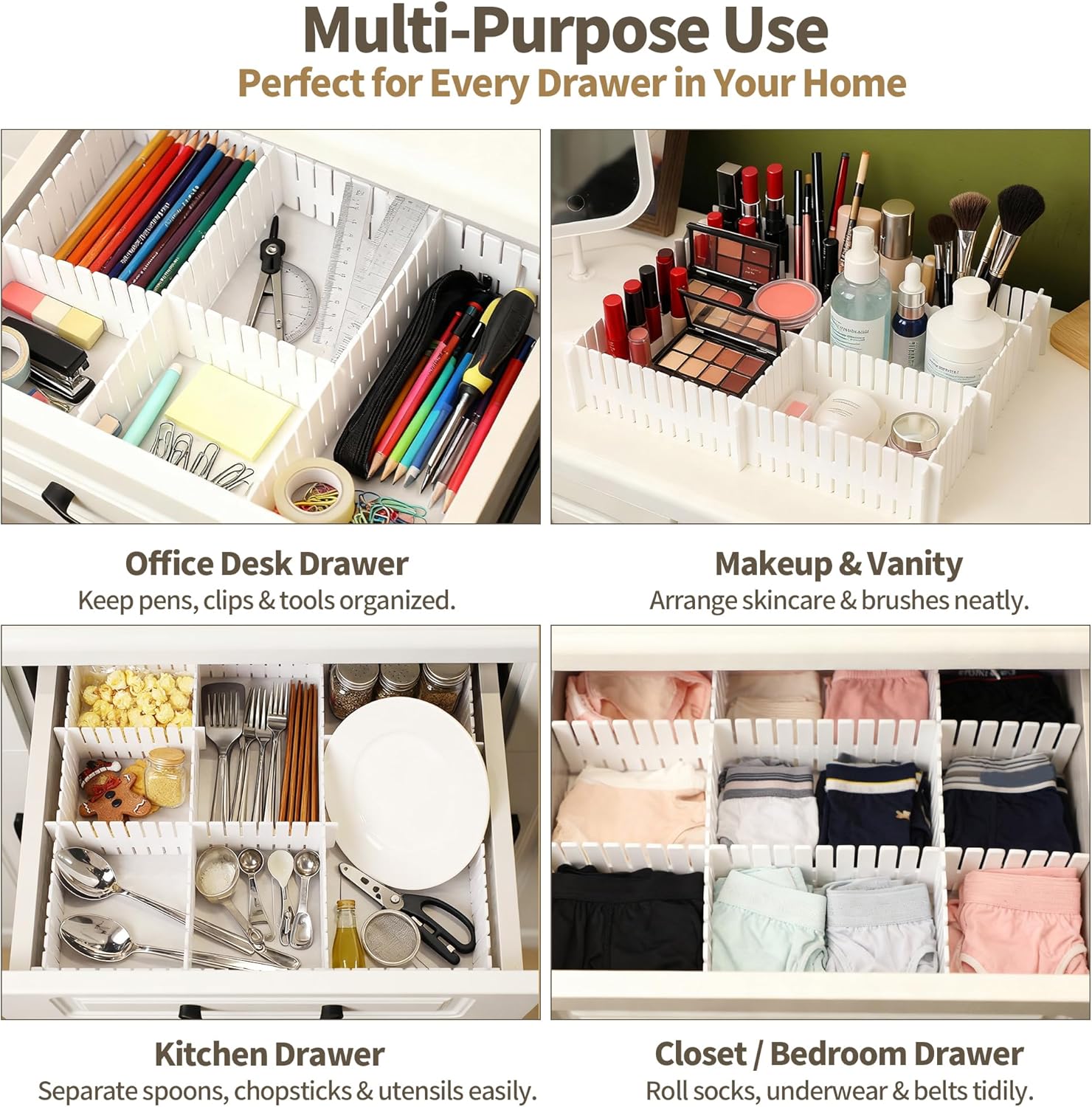 Drawer Divider Adjustable DIY Storage Organizer Separator for Tidying Clutter Cutlery Underwear Socks Clothes Dresses Desk & Box in Kitchen Bathroom Bedroom Office Cut at Will