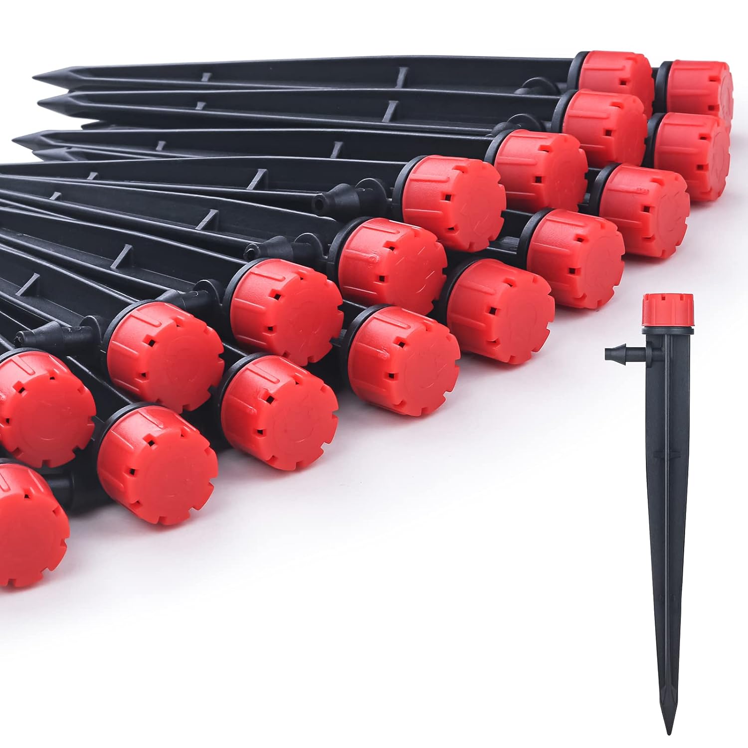 50pcs Drip Emitters for 1/4" Drip Irrigation Tubing, Adjustable 360 Degree Water Flow Drippers on 5" Arrow Stake, Garden Irrigation Drippers for 4-7mm Watering System