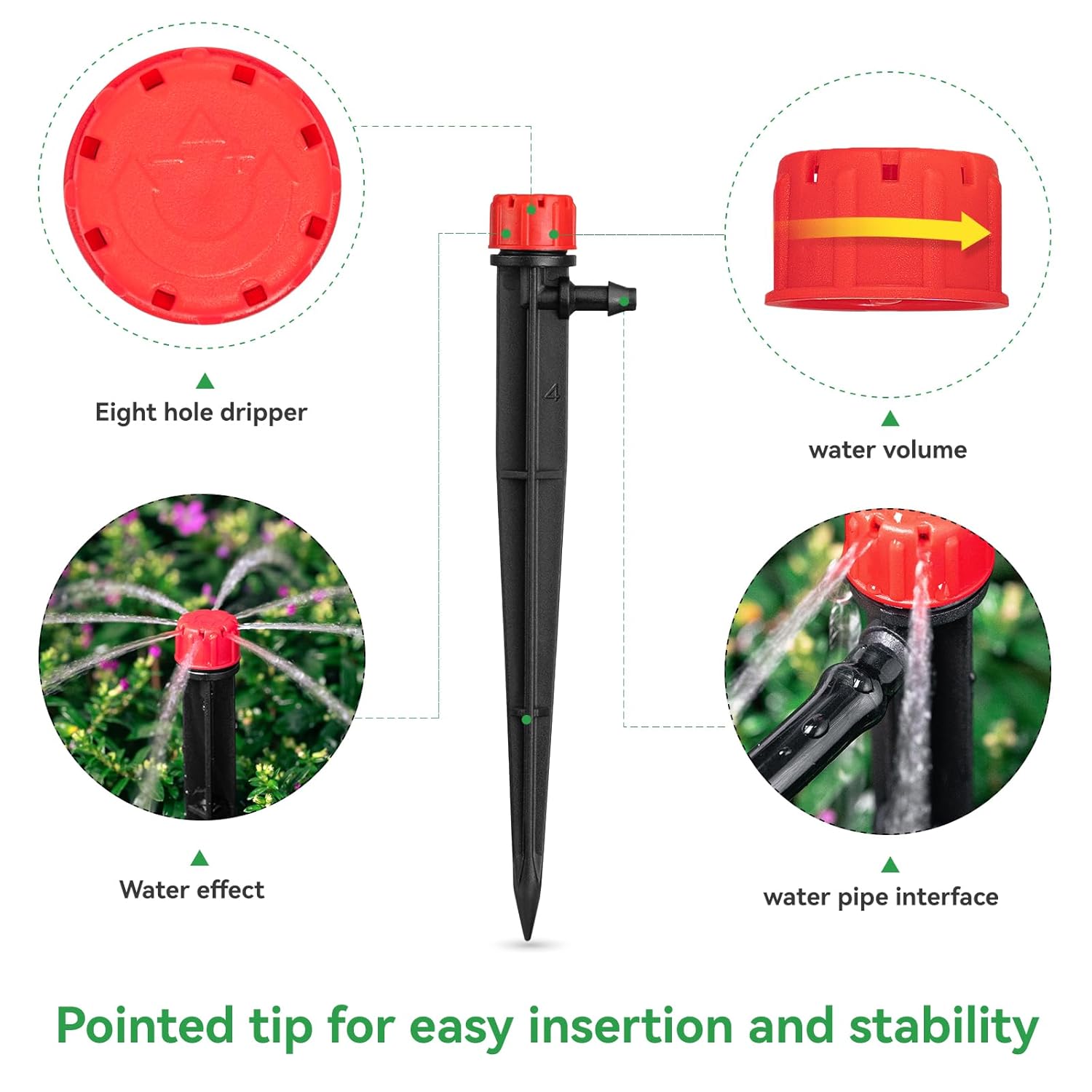 50pcs Drip Emitters for 1/4" Drip Irrigation Tubing, Adjustable 360 Degree Water Flow Drippers on 5" Arrow Stake, Garden Irrigation Drippers for 4-7mm Watering System