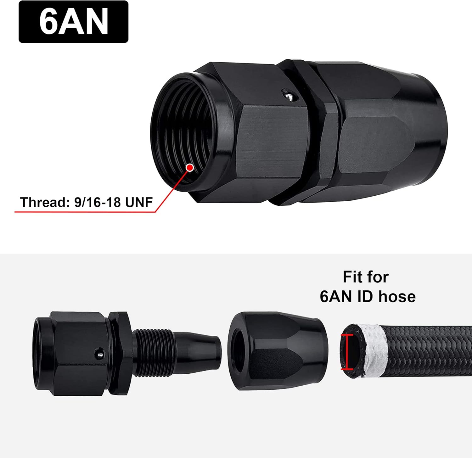6AN Hose End Fitting Straight Swivel for CPE Braided Hose Black 4PCS