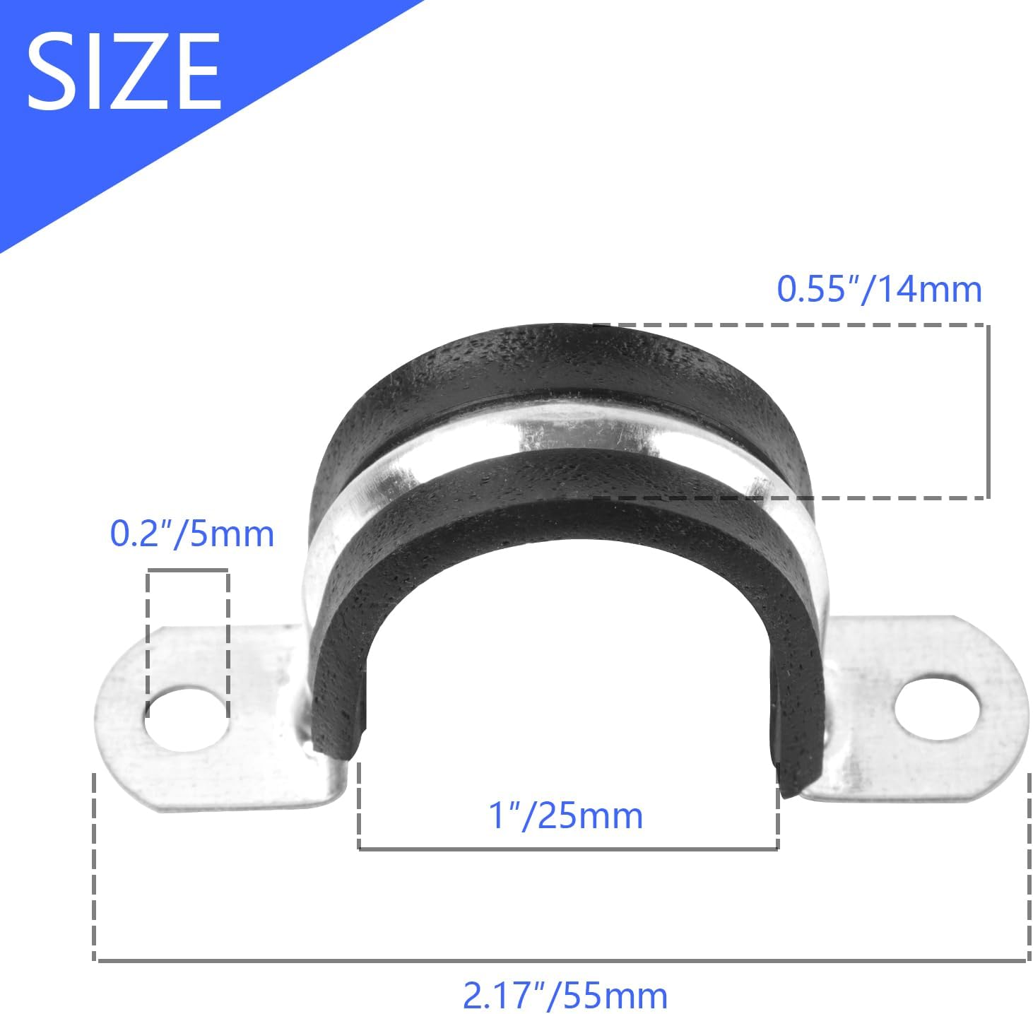 1 Inch Reinforced Rigid Pipe Strap, 2 Holes U Bracket Cable Clamp Hanger, Rubber Cushioned Insulated Clamp, Conduits Strap Clamps for Pipe Fixing on Various Surfaces, 10 PCS 25mm