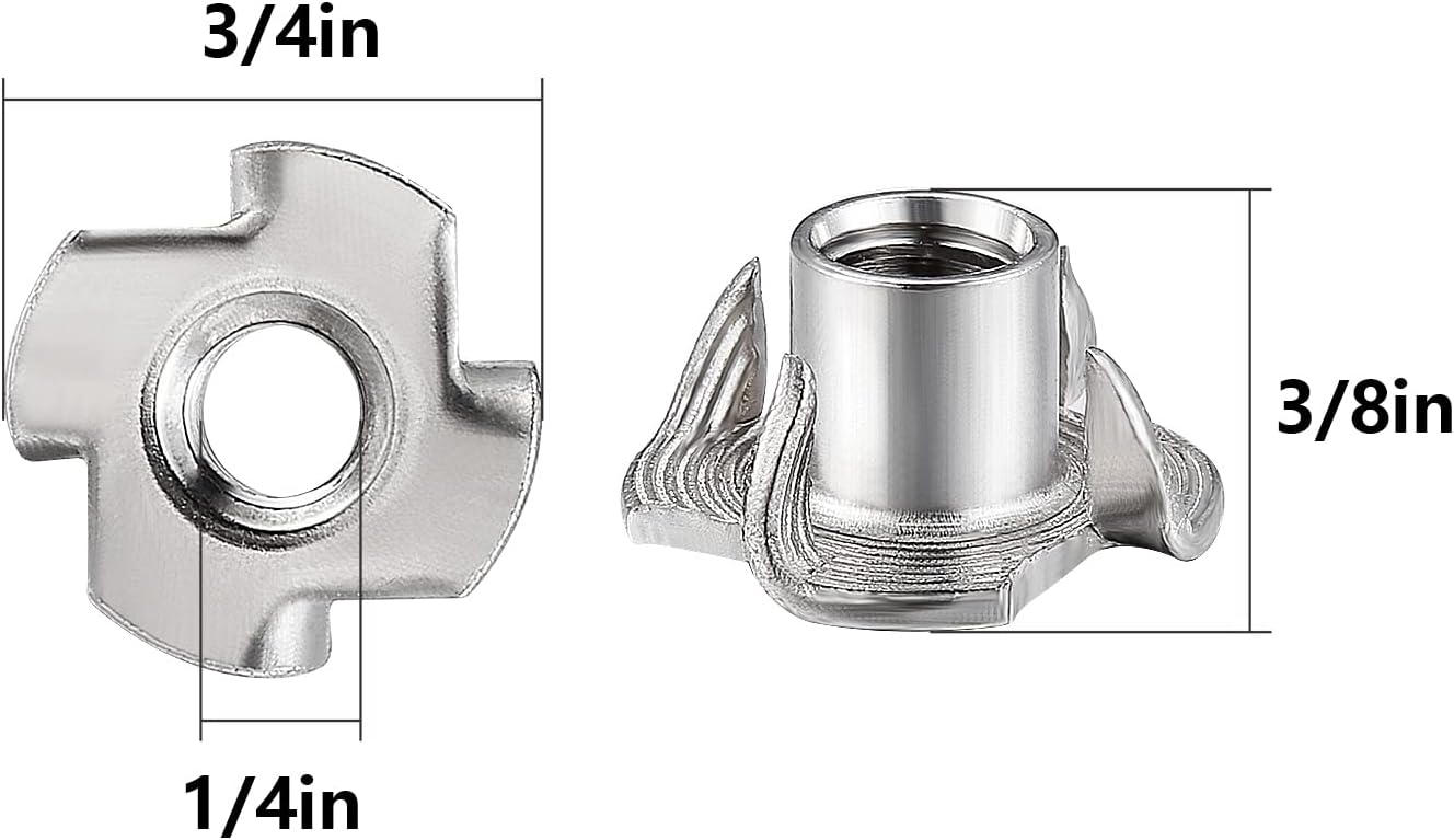 100pcs 1/4"-20 T-nut 304 Stainless Steel Four-jaw - for Home, Hotel Outdoor Threaded Insertion