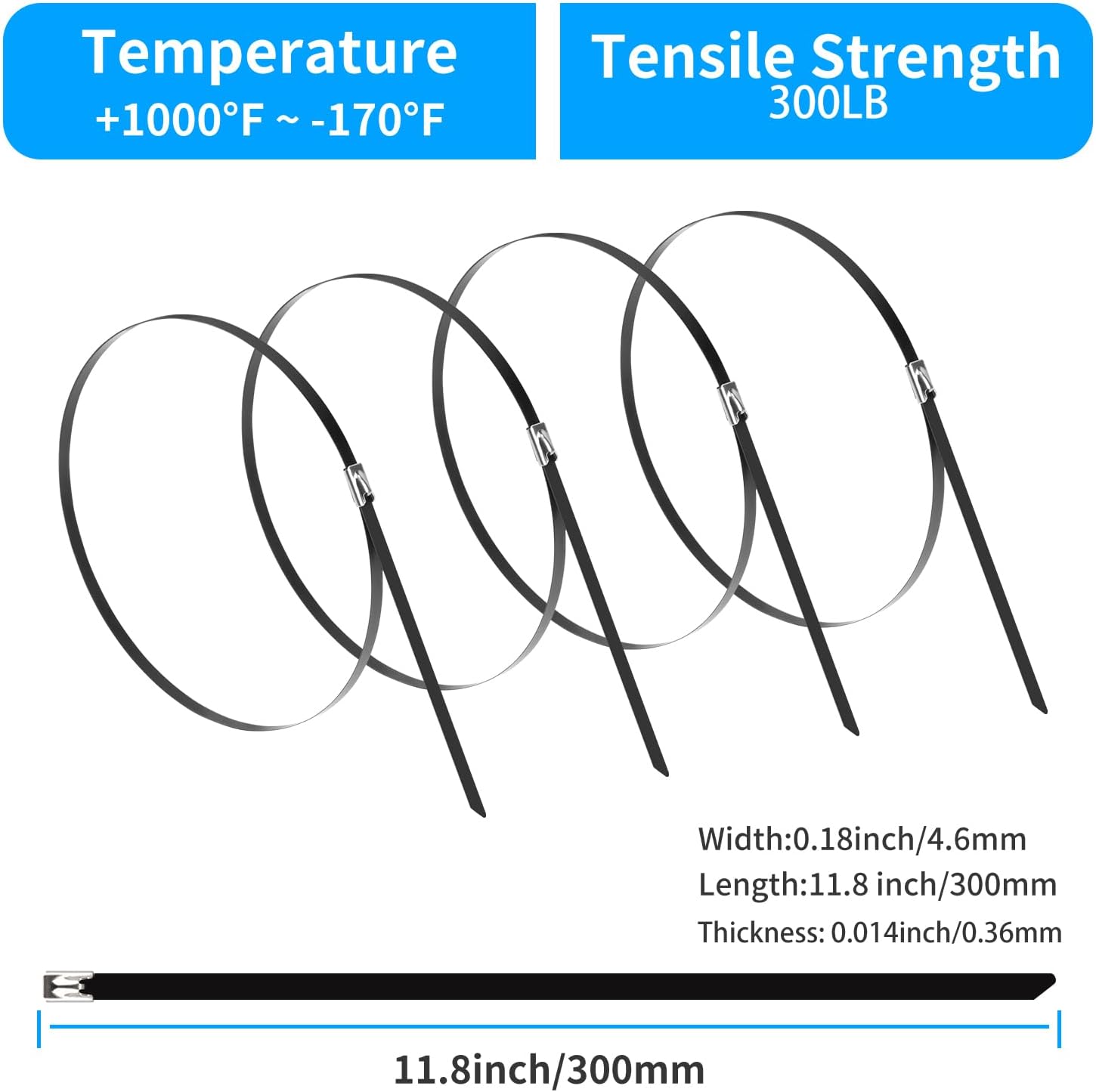 11.8 Inch Metal Zip Ties 200 Pack , 304 Stainless Steel Heavy Duty Zip Ties, 300lbs Tensile Strength, Multi-Purpose Self-locking Cable Ties for Exhaust Wrap, Outdoor and Canopy Etc