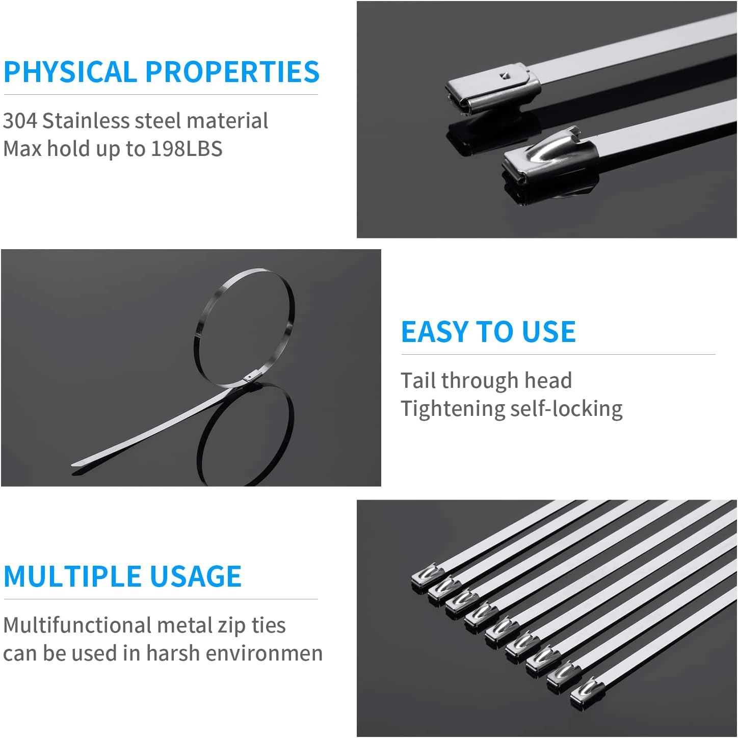 11.8 Inch Metal Zip Ties 200 Pack , 304 Stainless Steel Heavy Duty Zip Ties, 300lbs Tensile Strength, Multi-Purpose Self-locking Cable Ties for Exhaust Wrap, Outdoor and Canopy Etc