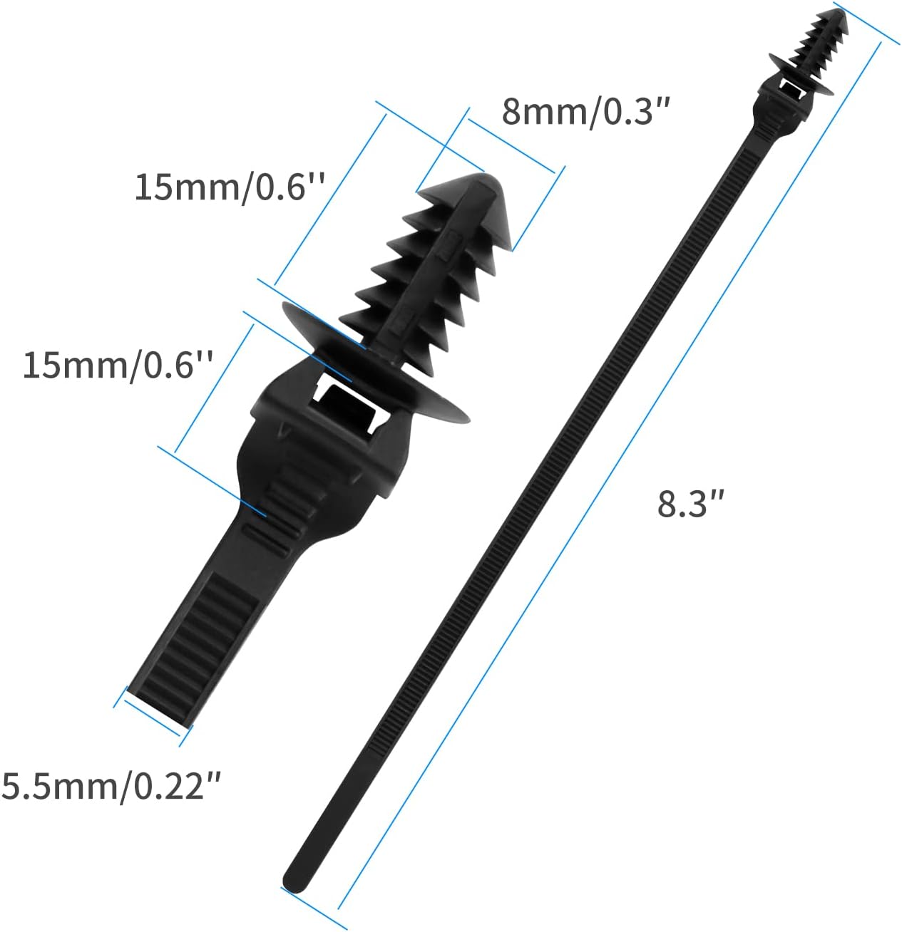 100PCS Fir Tree Nylon Push Mount Zip Ties, Heavy Duty Wire Ties, 2 in 1 Self Locking UV Resistant Assortment for Indoor Wire Tying 8.3"x0.22"