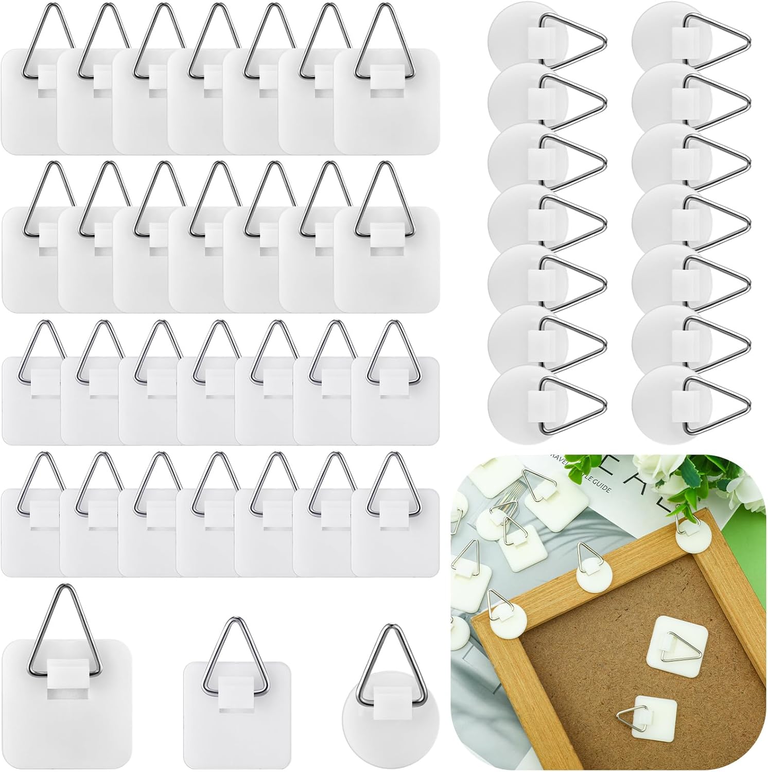 45 Pcs Adhesive Picture Hanger Foamboard Picture Hanging Hooks Without Nails Plastic Sticky Photo Hooks for Home Wall Art Photo Frame Bathroom Closet Round,Square