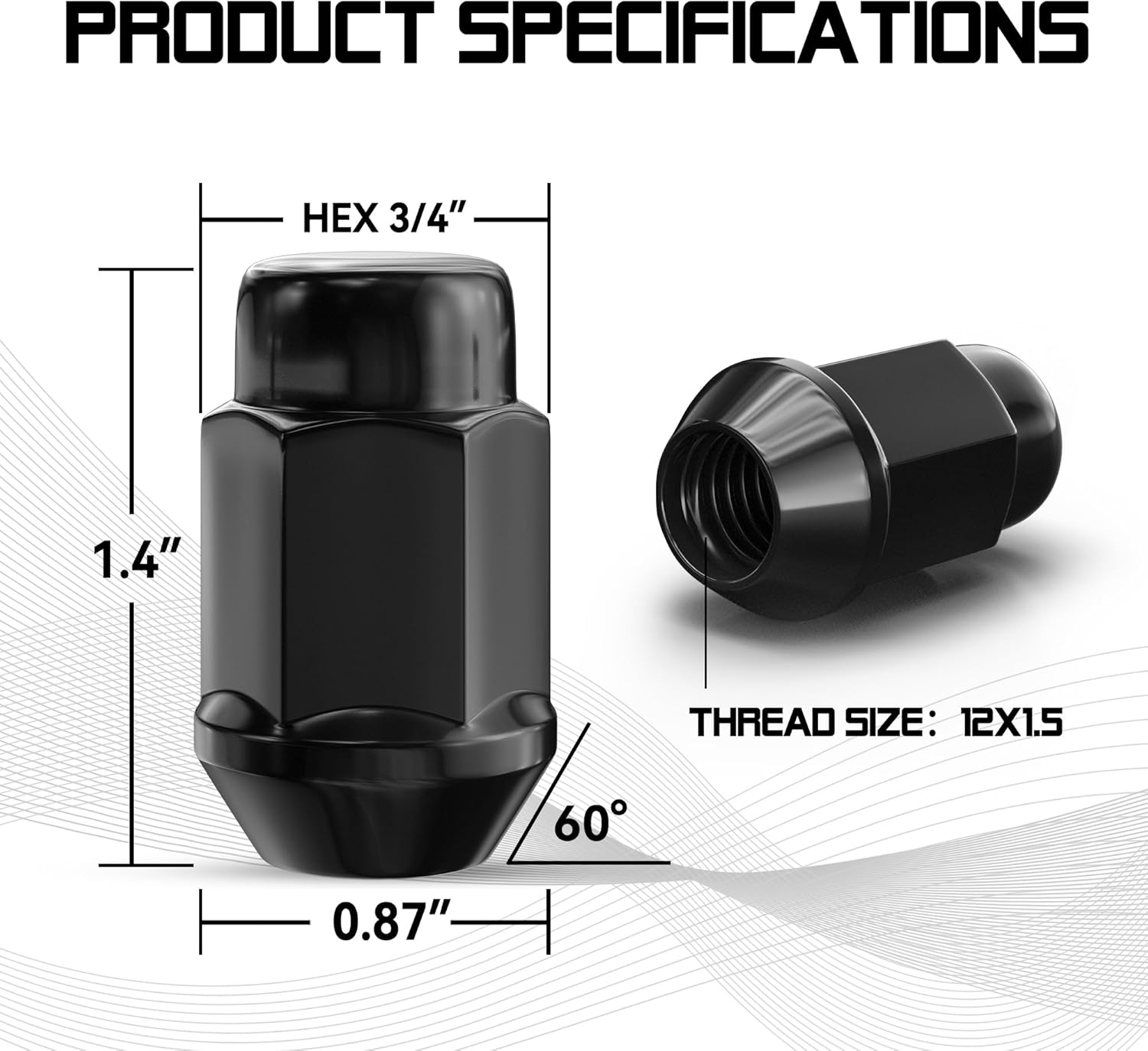 12x1.5 Wheel Lug Nuts, 20PCS Black 12mmx1.5 Closed End Bulge Acorn Lug Nut, Cone Seat, 19mm Hex Aftermarket Wheels