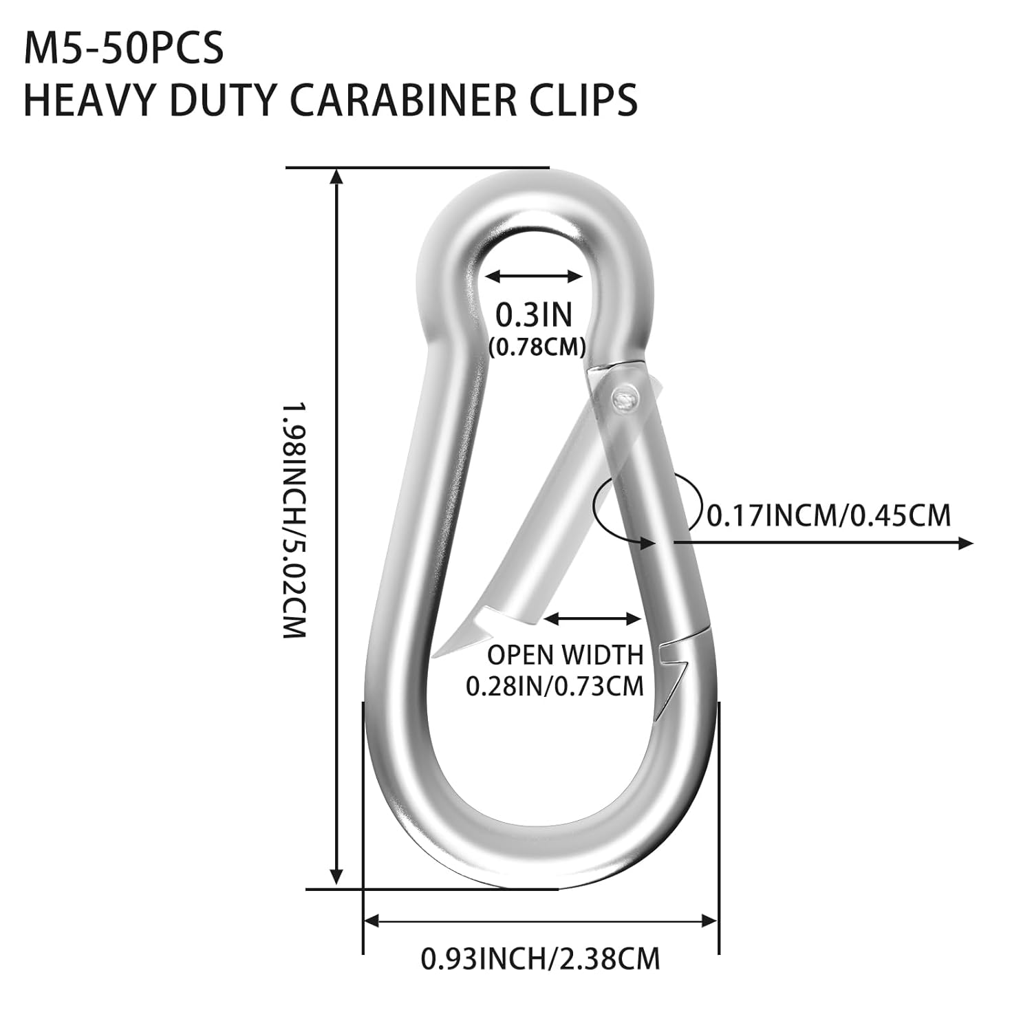 Carabiner, Heavy Duty Galvanized Steel Spring Snap Hook Carabiner Clips with 220LBS Holding Capacity, Ideal for Outdoor, Hammock, Swing and Travel M5 2Inch, 50PCS