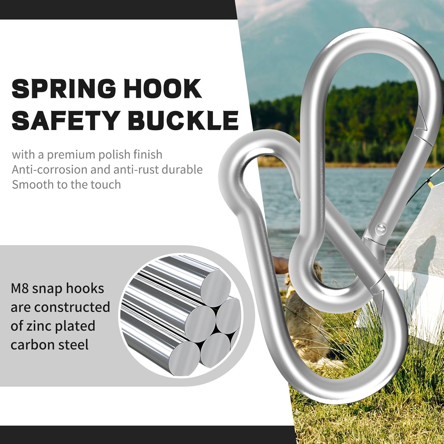 Carabiner, Heavy Duty Galvanized Steel Spring Snap Hook Carabiner Clips with 220LBS Holding Capacity, Ideal for Outdoor, Hammock, Swing and Travel M5 2Inch, 50PCS