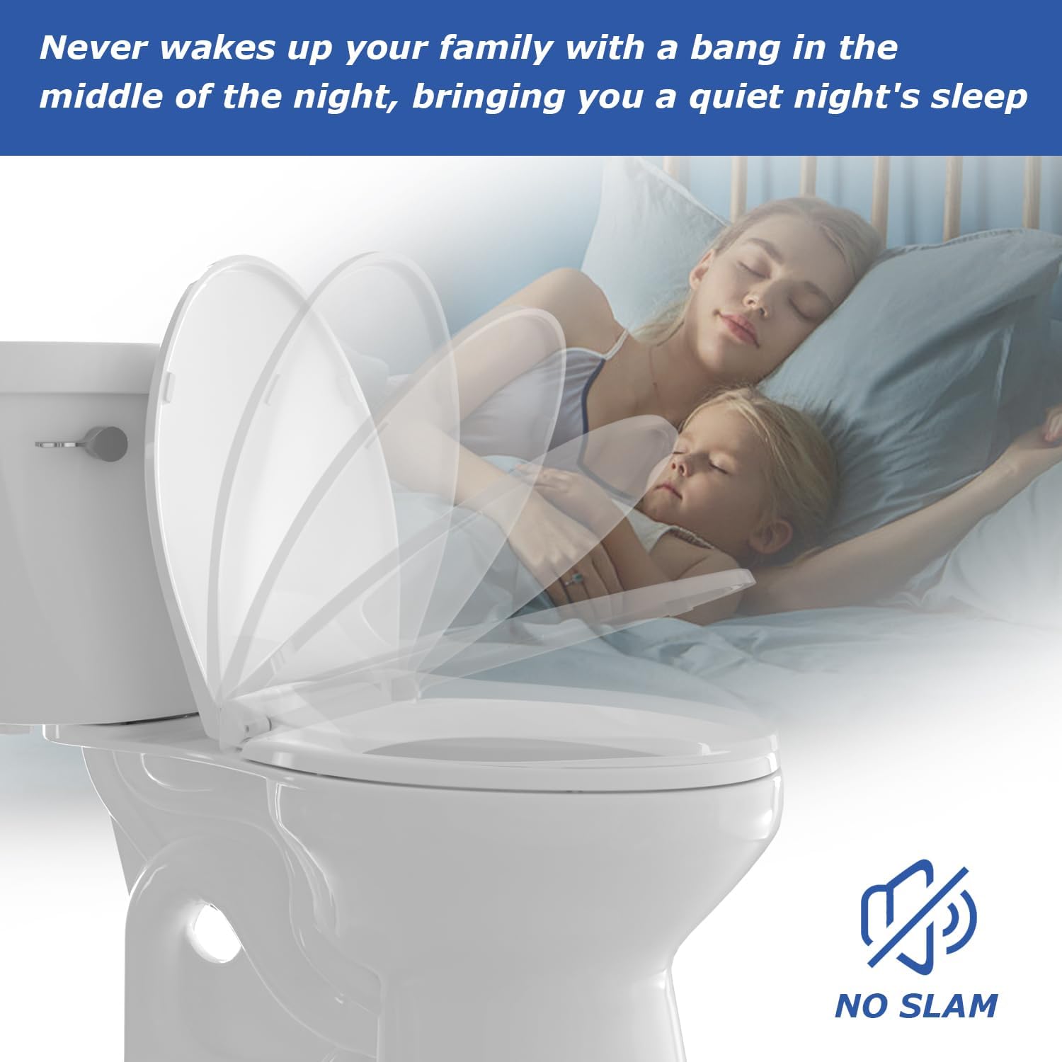 Round Toilet Seat, Standard 16.5” Slow/Soft Close Round Toilet Seat for Round Toilets, No-Slam Quiet-Close Lid, Easy-to-Install, White, Durable Never-Loosen Design
