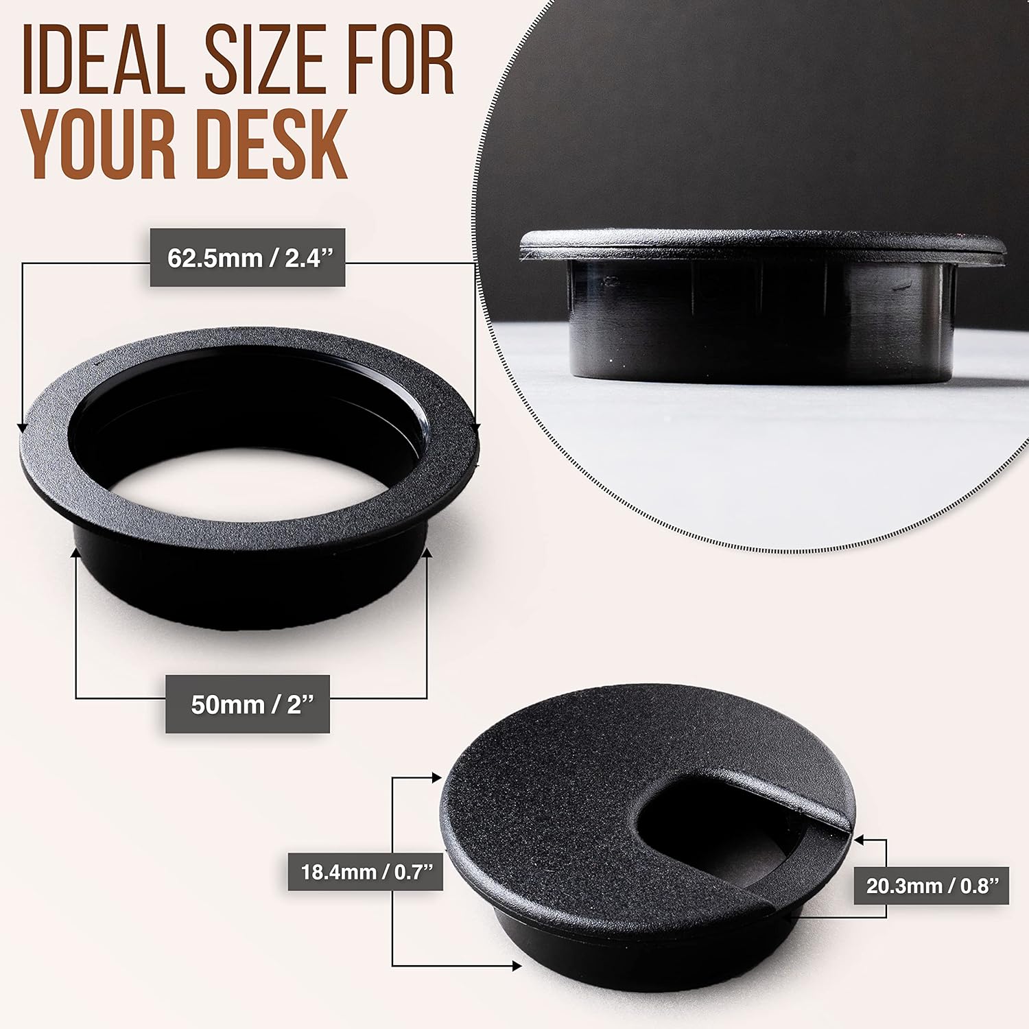 Desk Grommet 2 Inch 50 mm Pack of 5-Black ABS Plastic Cable Hole Cover to Arrange Wires & Cords Through Computer Table/Countertops