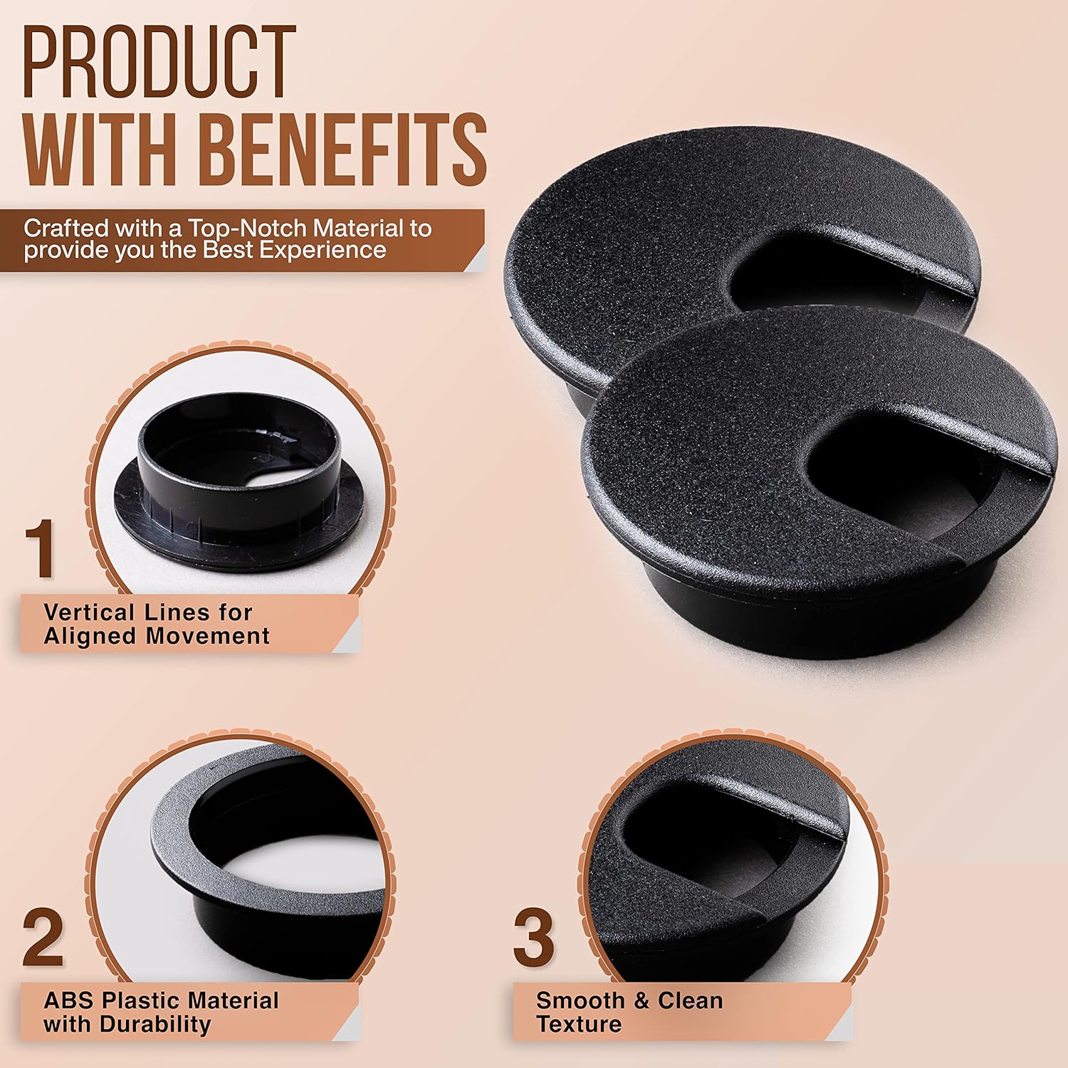 Desk Grommet 2 Inch 50 mm Pack of 5-Black ABS Plastic Cable Hole Cover to Arrange Wires & Cords Through Computer Table/Countertops