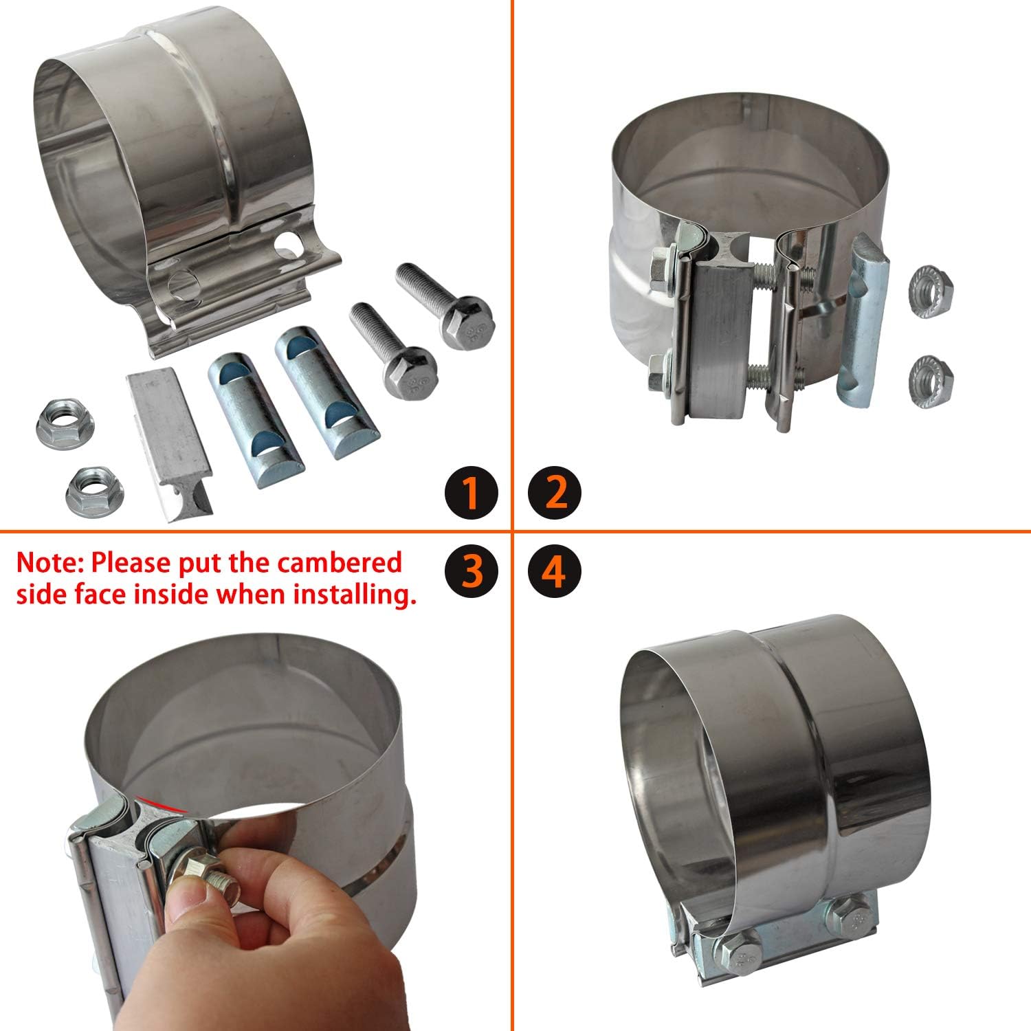 4" Lap Joint Exhaust Band Clamp - Stainless Steel With 1 Block 2Pcs For 4" Od To 4" Id Exhaust Pipe, Muffler, Elbow And Exhaust Tubing Connection 2 Pack