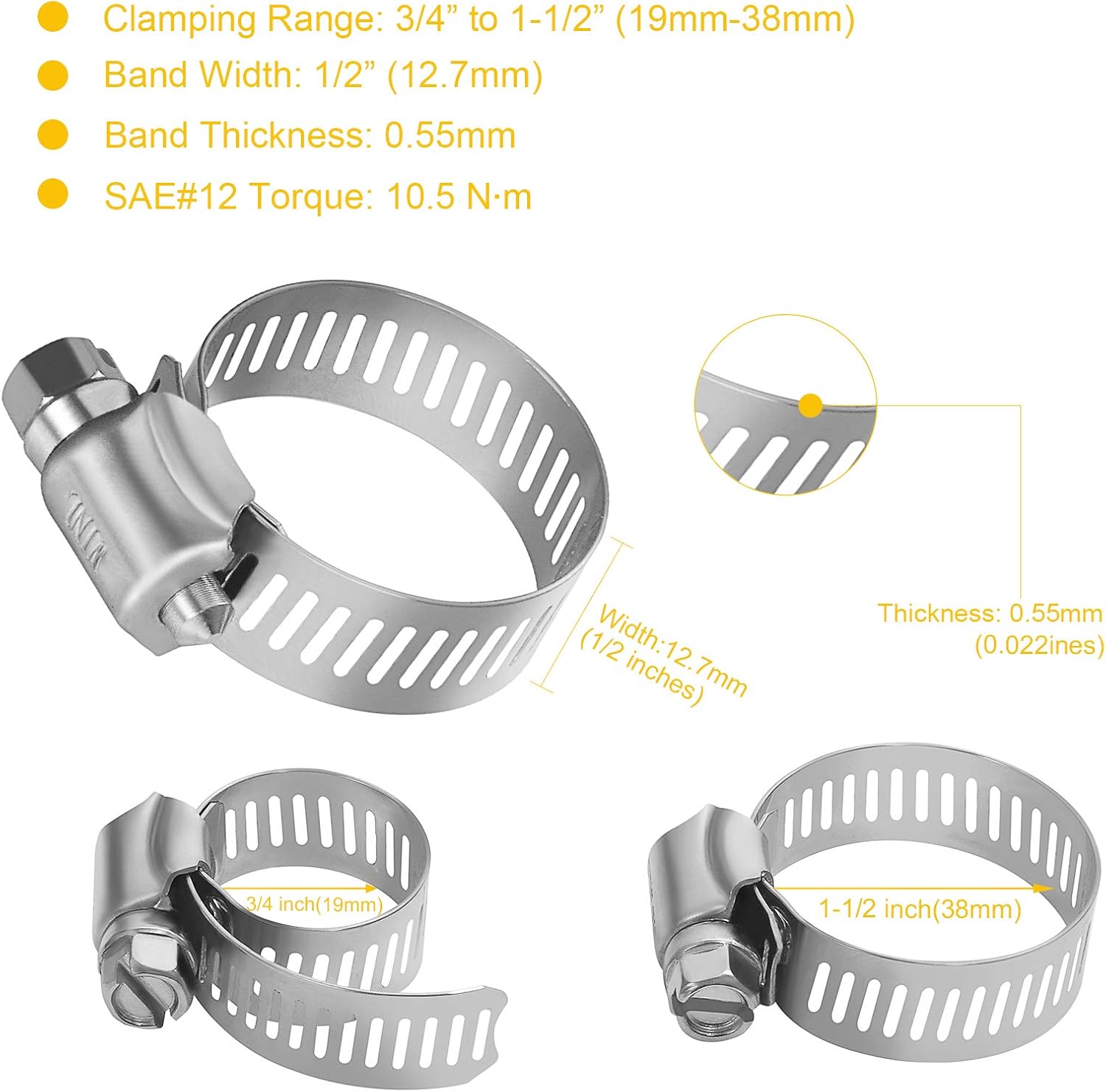 Stainless Steel Hose Clamps - 16 Pack Worm Gear Drive Hose Clamps SAE 16 Clamping Range 3/4 Inch to 1-1/2 Inch 19mm-38mm for Automotive Plumbing, 3/4'', 1'', 1 1/4'' Clamps