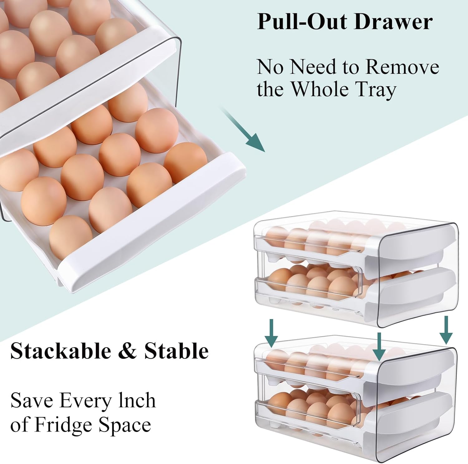 ® Egg Holder for Fridge, 2-Tier Stackable 40 Eggs Organizer Drawer for Refrigerator, Space-Saving Egg Container, Clear Plastic Egg Tray for Kitchen Storage