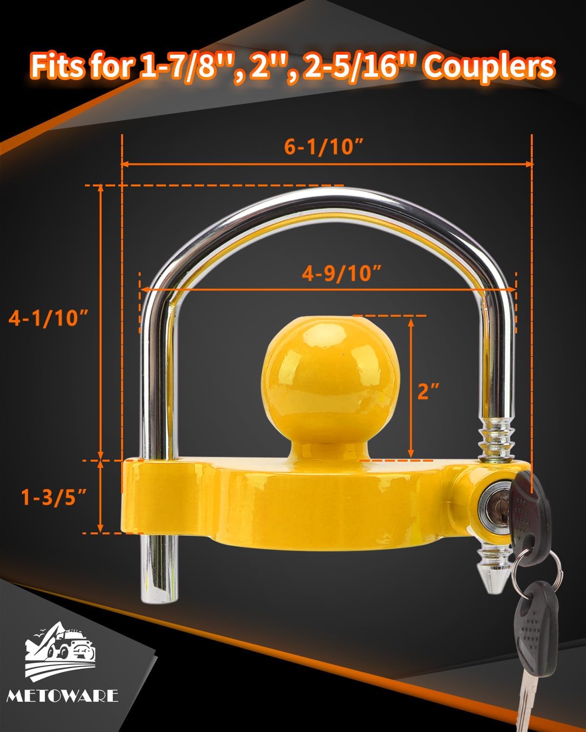 Trailer Coupler Lock Universal Adjustable Heavy-Duty Steel Trailer Hitch Lock, Anti Theft Trailer Ball Lock Towing Lock for Towing Trailer Security Fits 1-7/8",2”, 2-5/16" Coupler Yellow