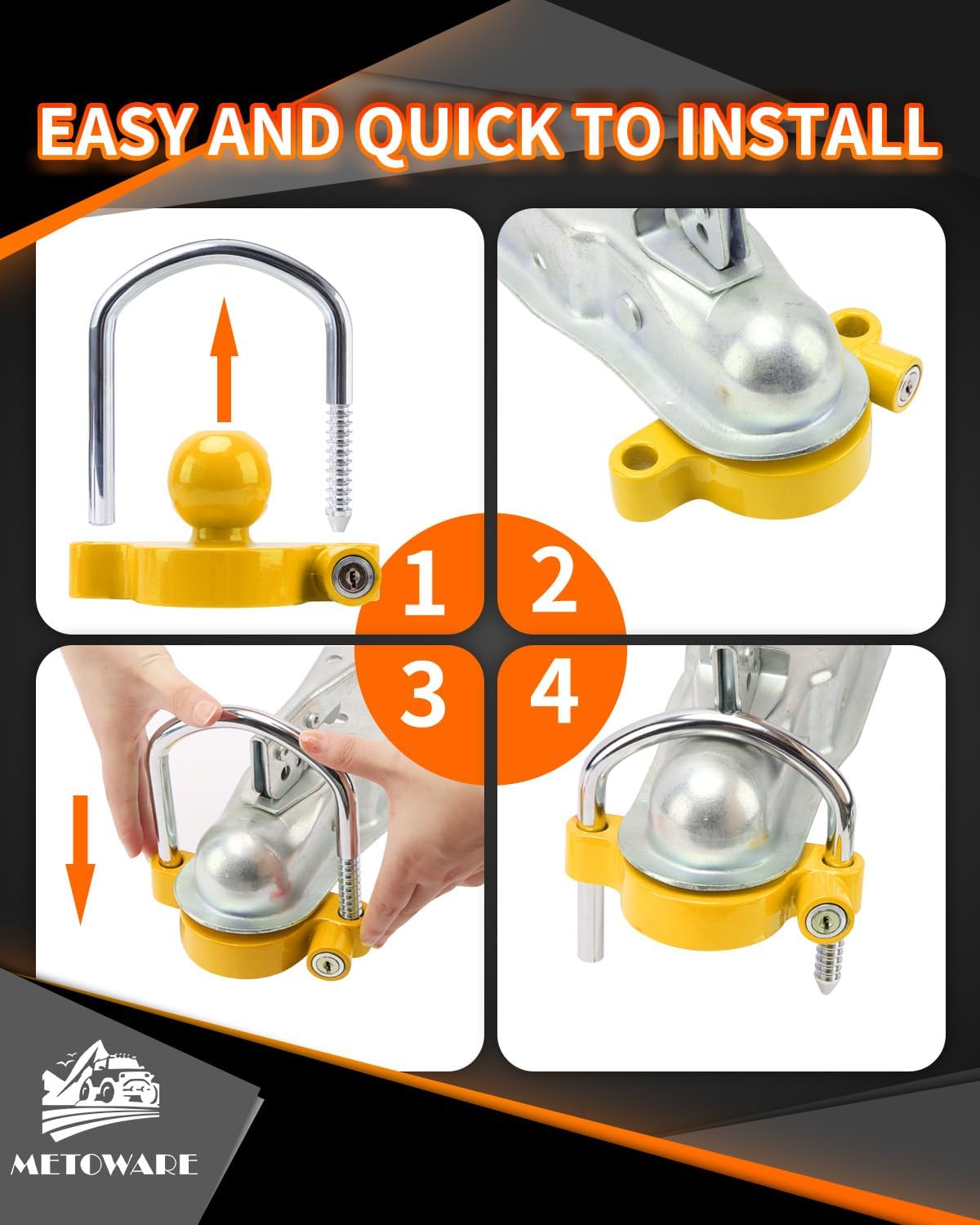 Trailer Coupler Lock Universal Adjustable Heavy-Duty Steel Trailer Hitch Lock, Anti Theft Trailer Ball Lock Towing Lock for Towing Trailer Security Fits 1-7/8",2”, 2-5/16" Coupler Yellow